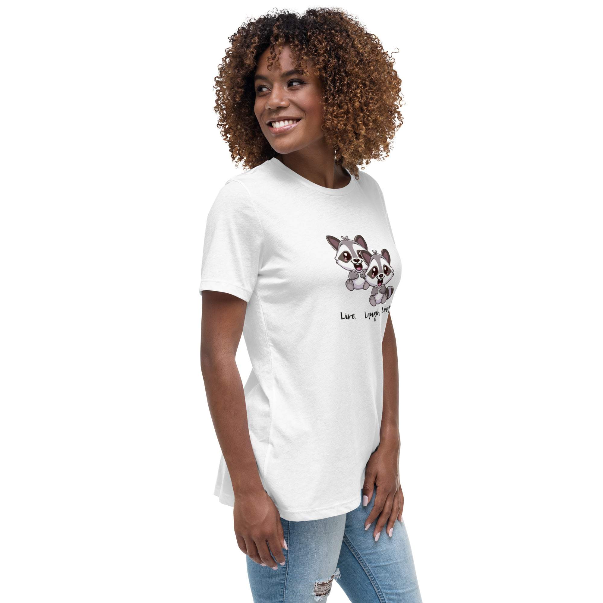 woman wearing white Live Laugh Loot T-shirt with cute raccoon graphic and text