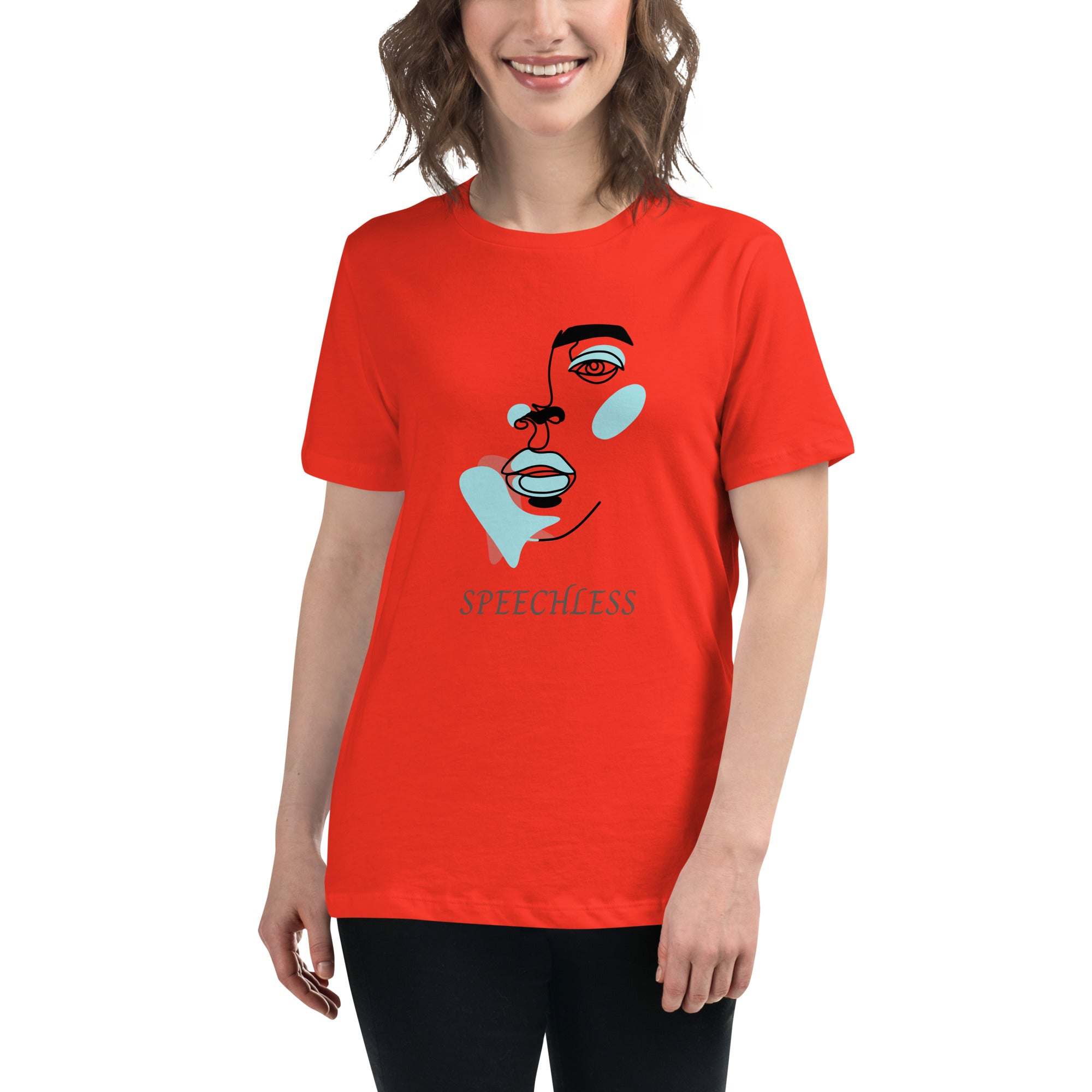 Woman wearing a red minimalist speechless face line art graphic t-shirt with abstract blue and black facial features design