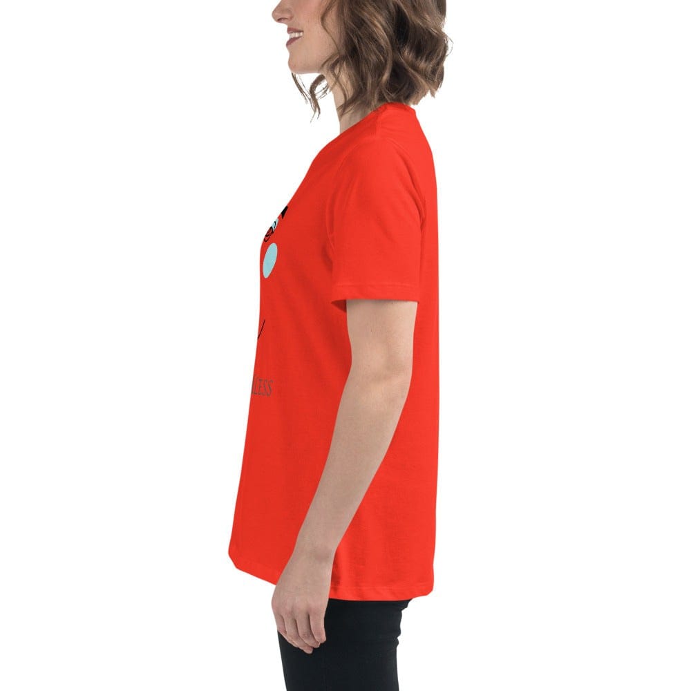 Woman wearing red minimalist speechless face line art graphic t-shirt side view