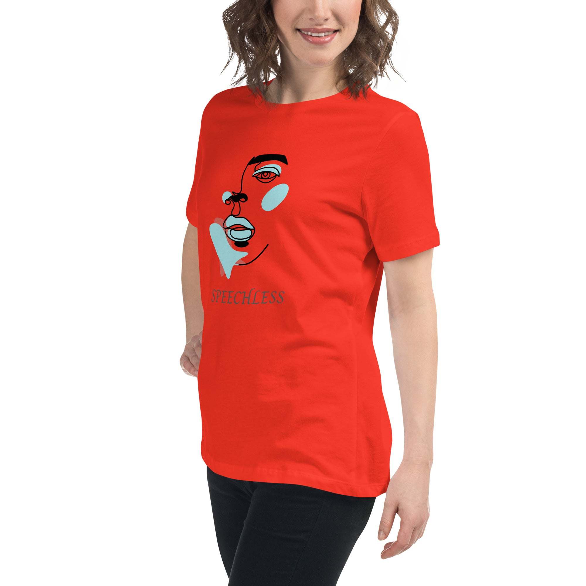 Woman wearing red minimalist speechless face line art t-shirt with abstract blue and black facial features design