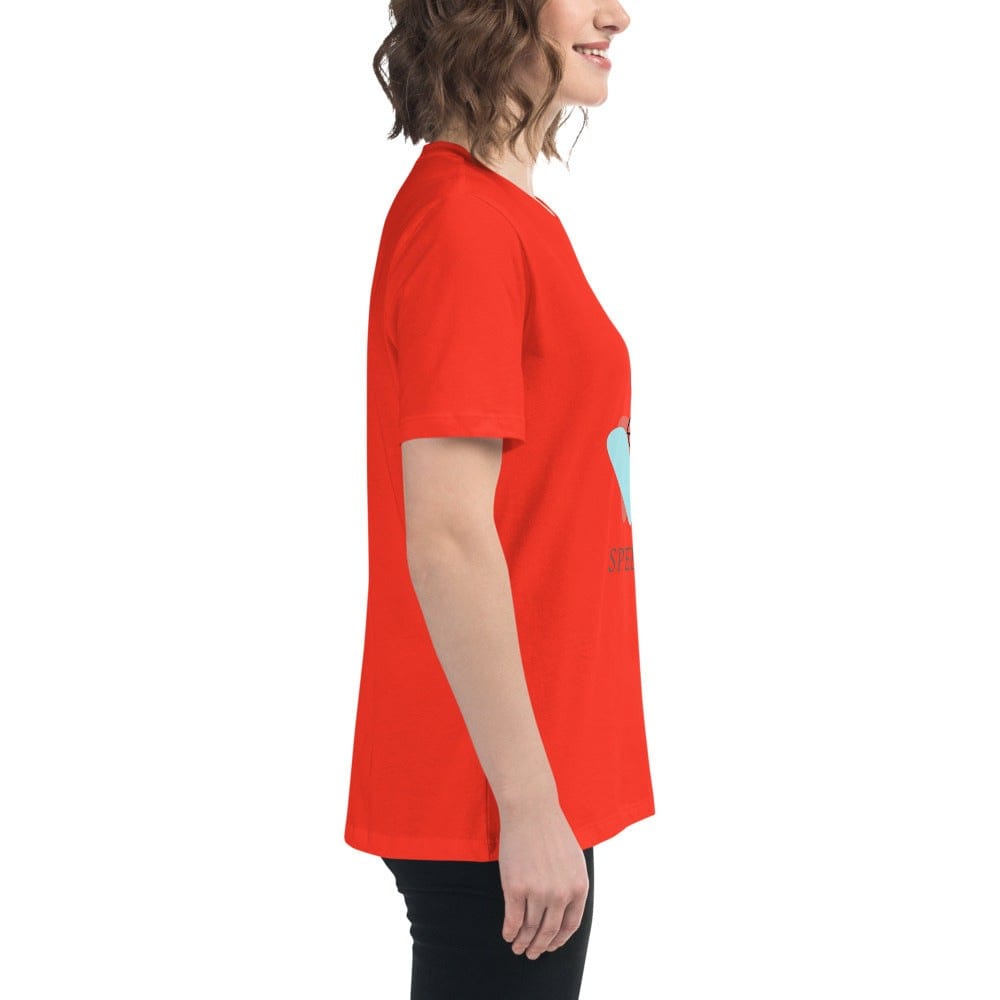 Red minimalist speechless face line art t-shirt in soft cotton with abstract modern graphic, side view on female model.