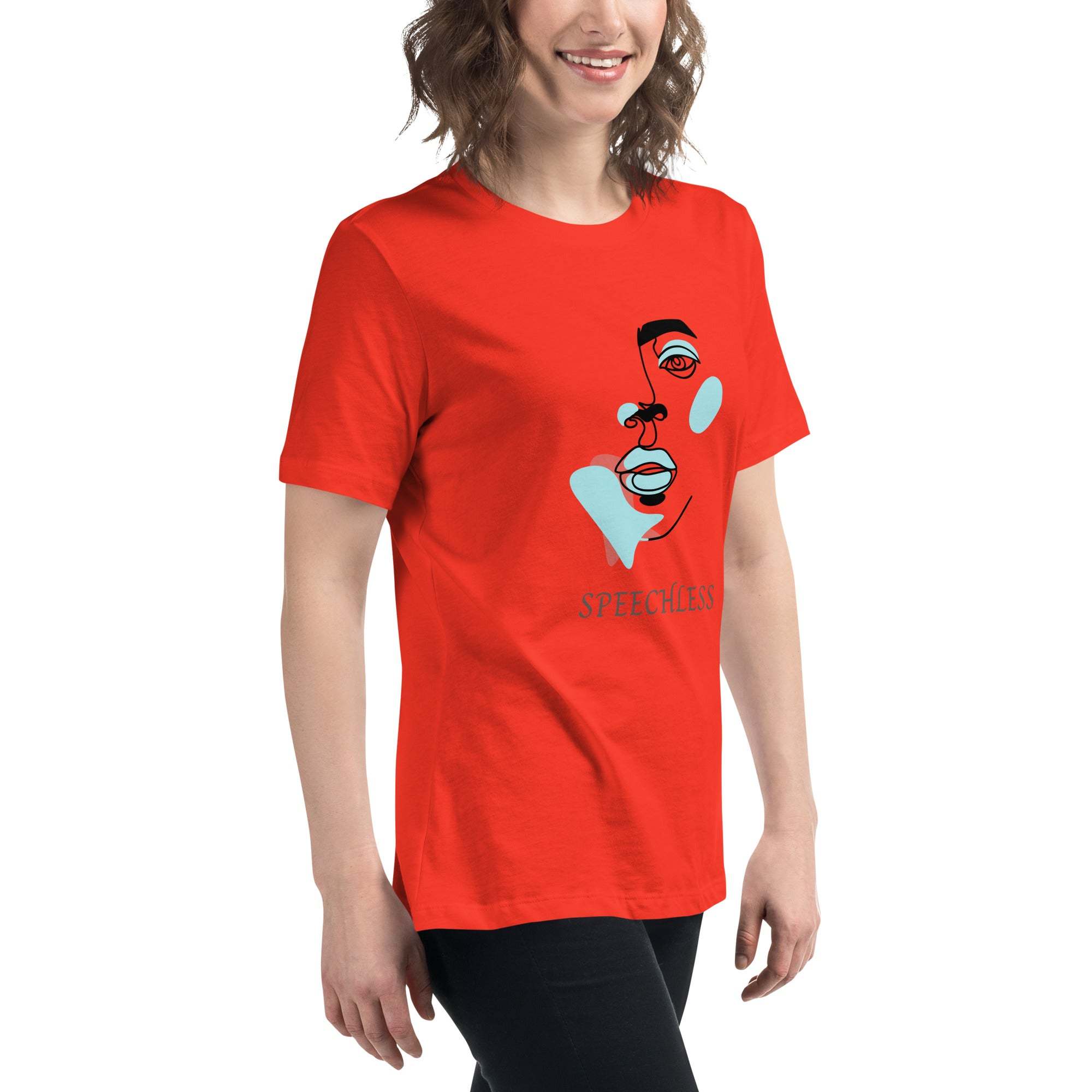 Woman wearing red minimalist speechless face line art t-shirt with abstract face graphic