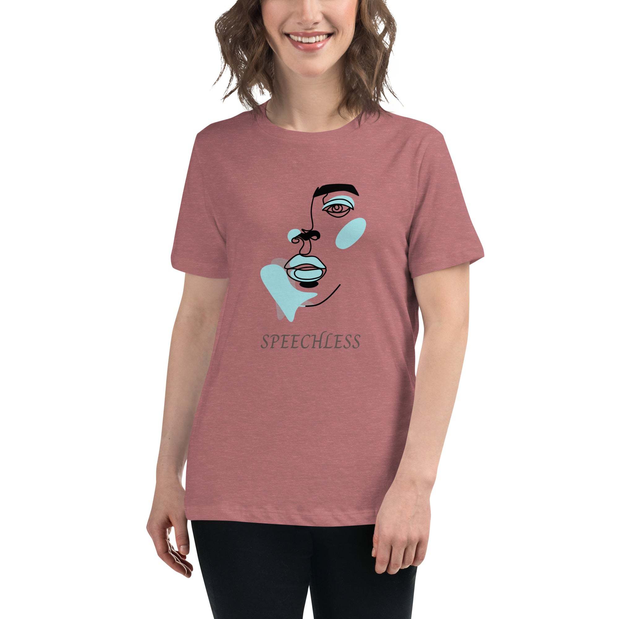 Woman wearing minimalist speechless face line art graphic t-shirt in pink cotton