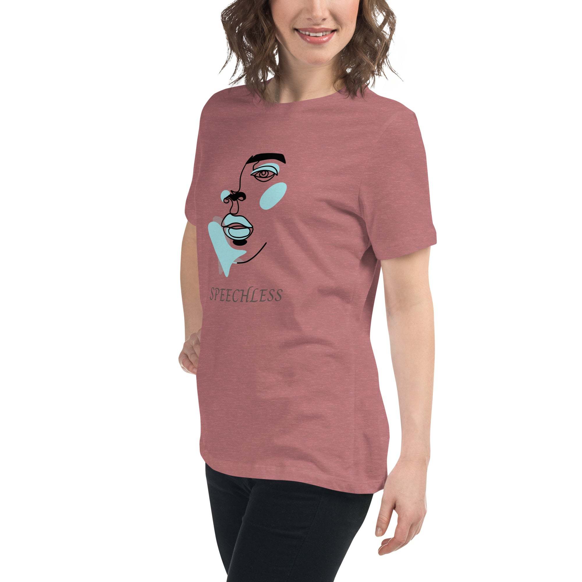 Minimalist speechless face line art graphic on soft cotton t-shirt worn by woman