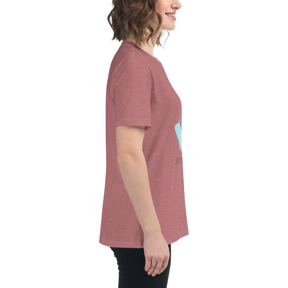 Side view of a woman wearing a soft cotton minimalist speechless face line art t-shirt in muted red color