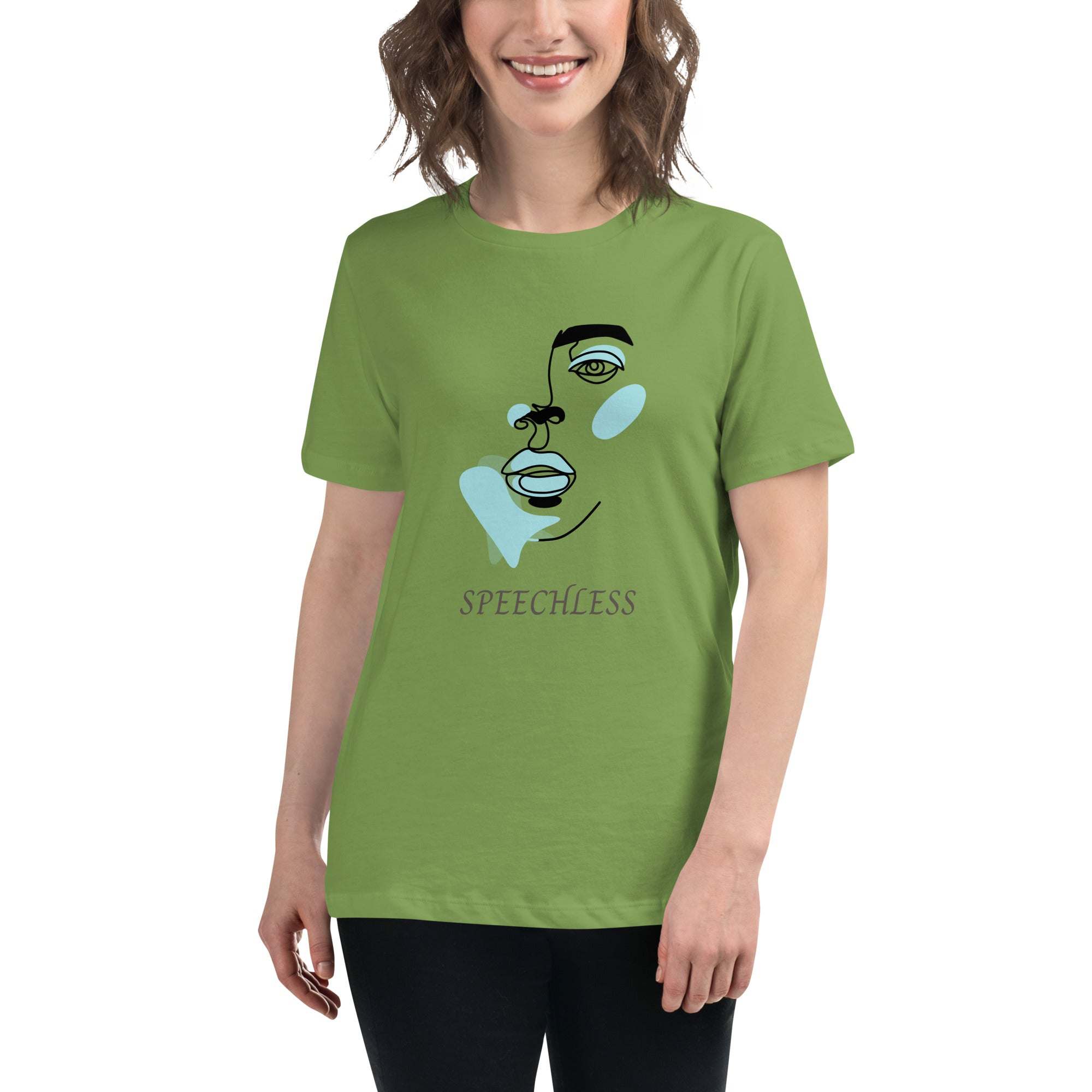 Woman wearing green minimalist speechless face line art graphic t-shirt