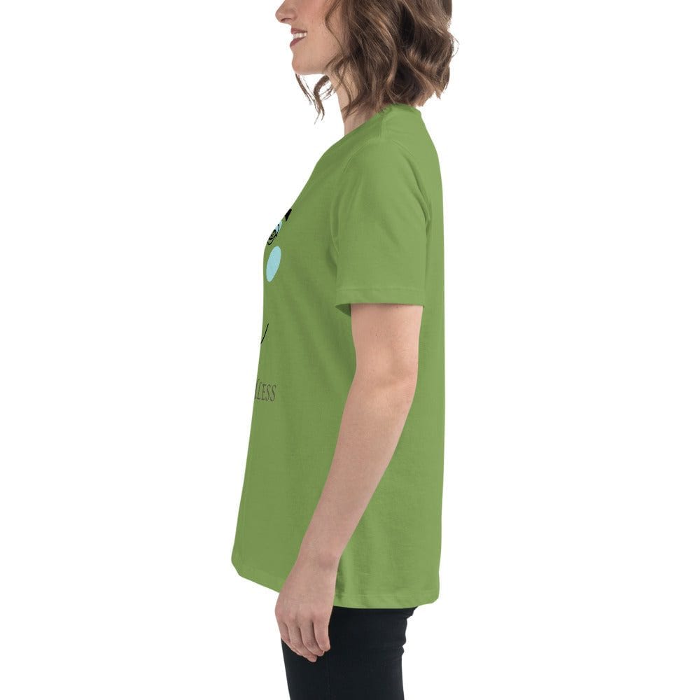 Side view of a person wearing a green minimalist speechless face line art t-shirt.
