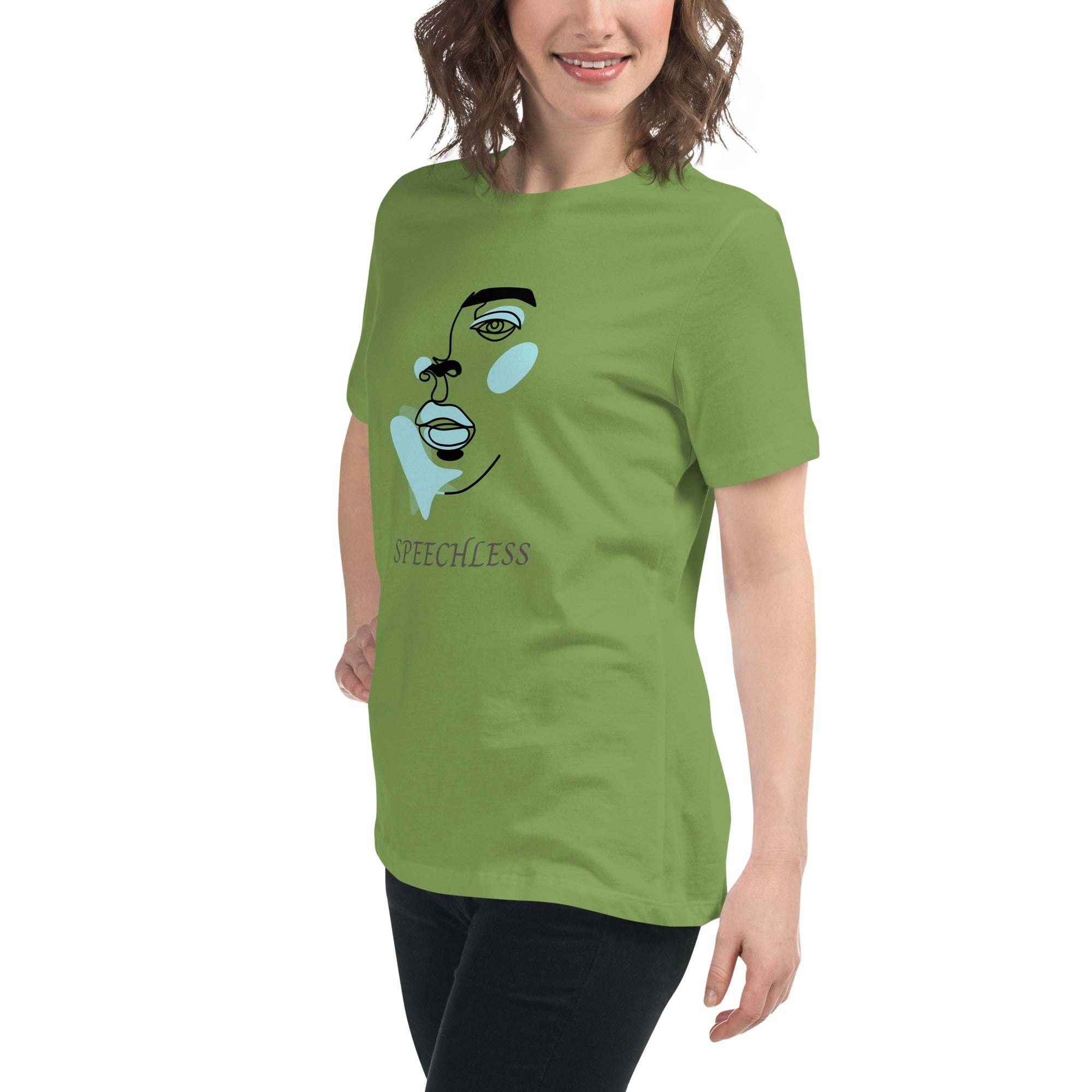 Green t-shirt with minimalist speechless face line art and abstract design on front, worn by smiling person