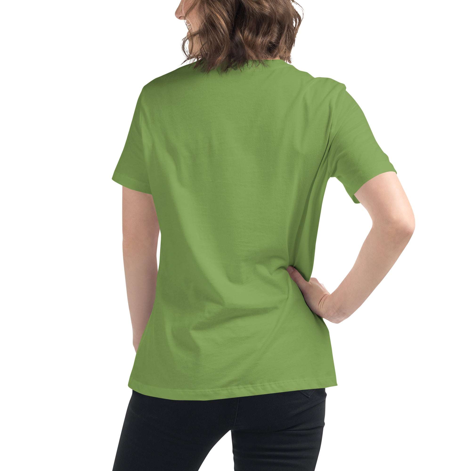 Back view of a person wearing a green minimalist speechless face line art t-shirt in soft cotton fabric