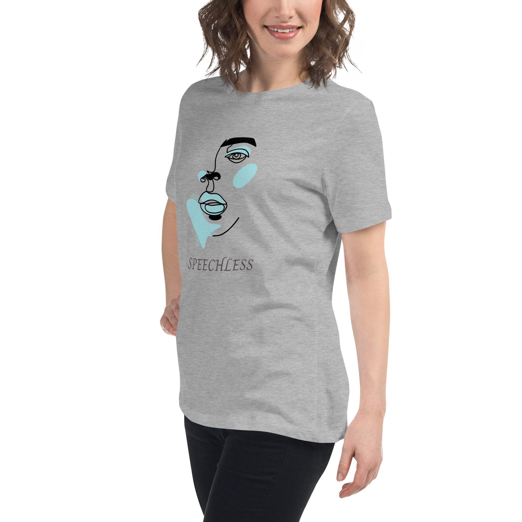Woman wearing grey minimalist speechless face line art graphic t-shirt with abstract blue accents
