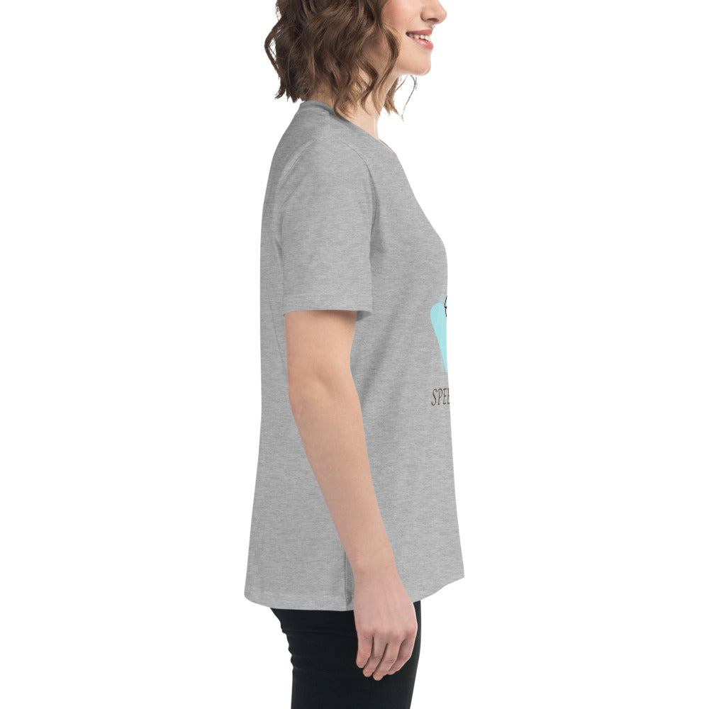 Woman wearing gray minimalist speechless face line art t-shirt side view