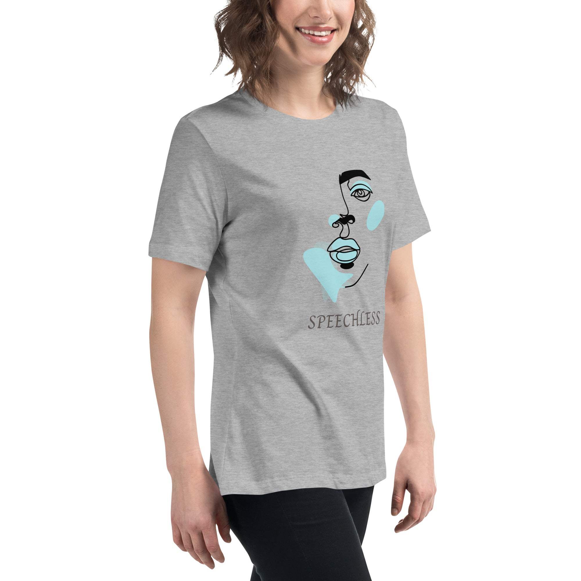 Woman wearing gray minimalist speechless face line art t-shirt with abstract blue accents