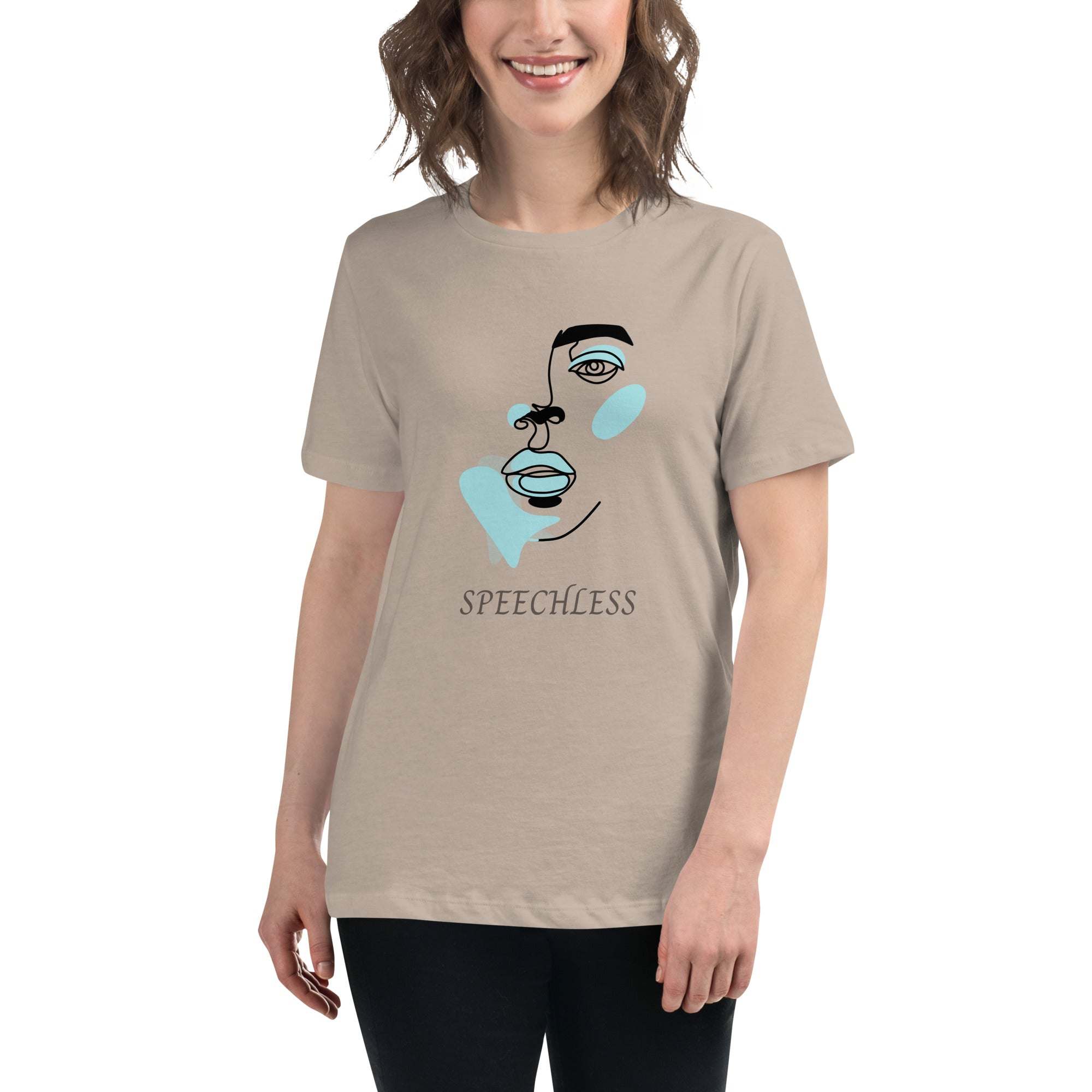 Minimalist Speechless Face Line Art graphic on beige cotton t-shirt worn by smiling woman