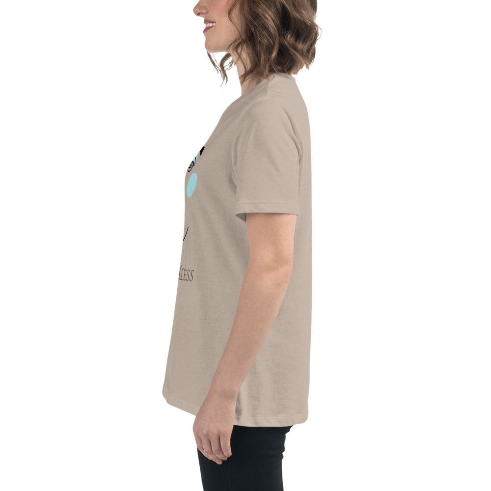 Woman wearing beige Minimalist Speechless Face Line Art T-Shirt in side view