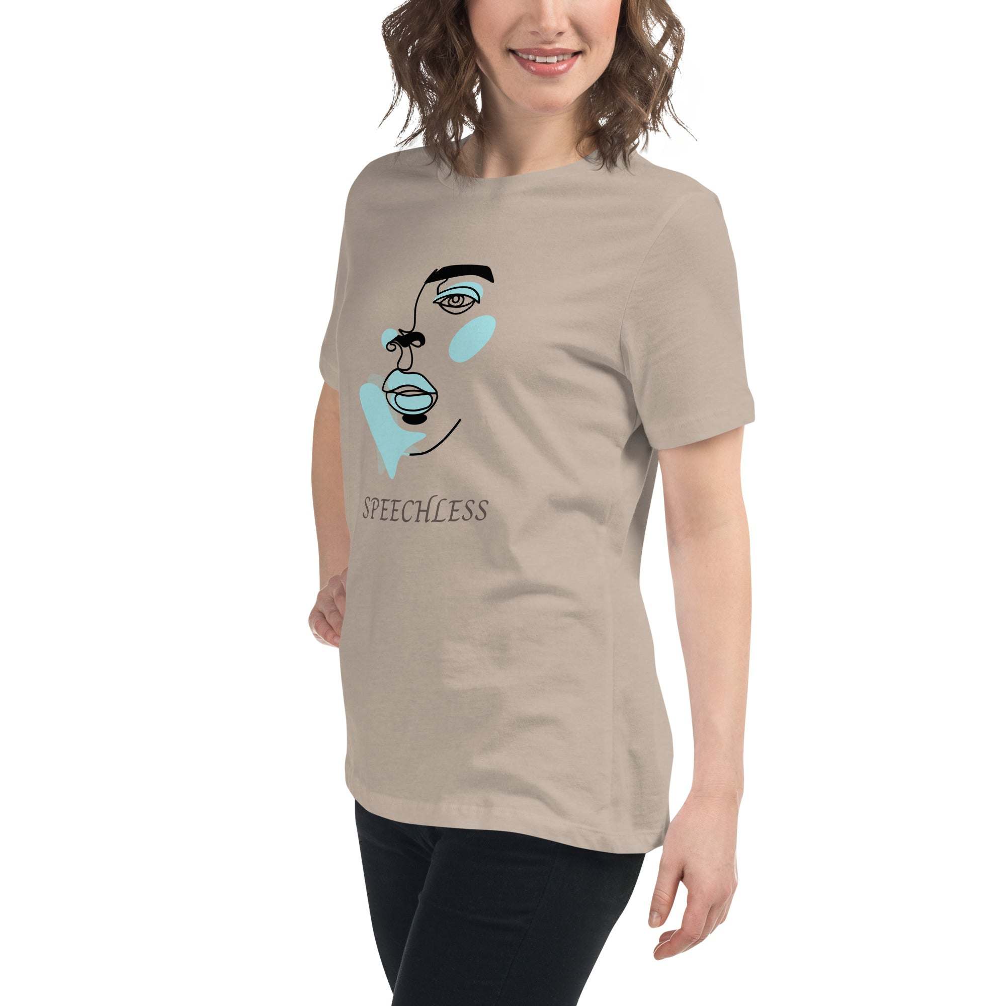 Woman wearing beige minimalist speechless face line art t-shirt with abstract blue and black face design and "SPEECHLESS" text