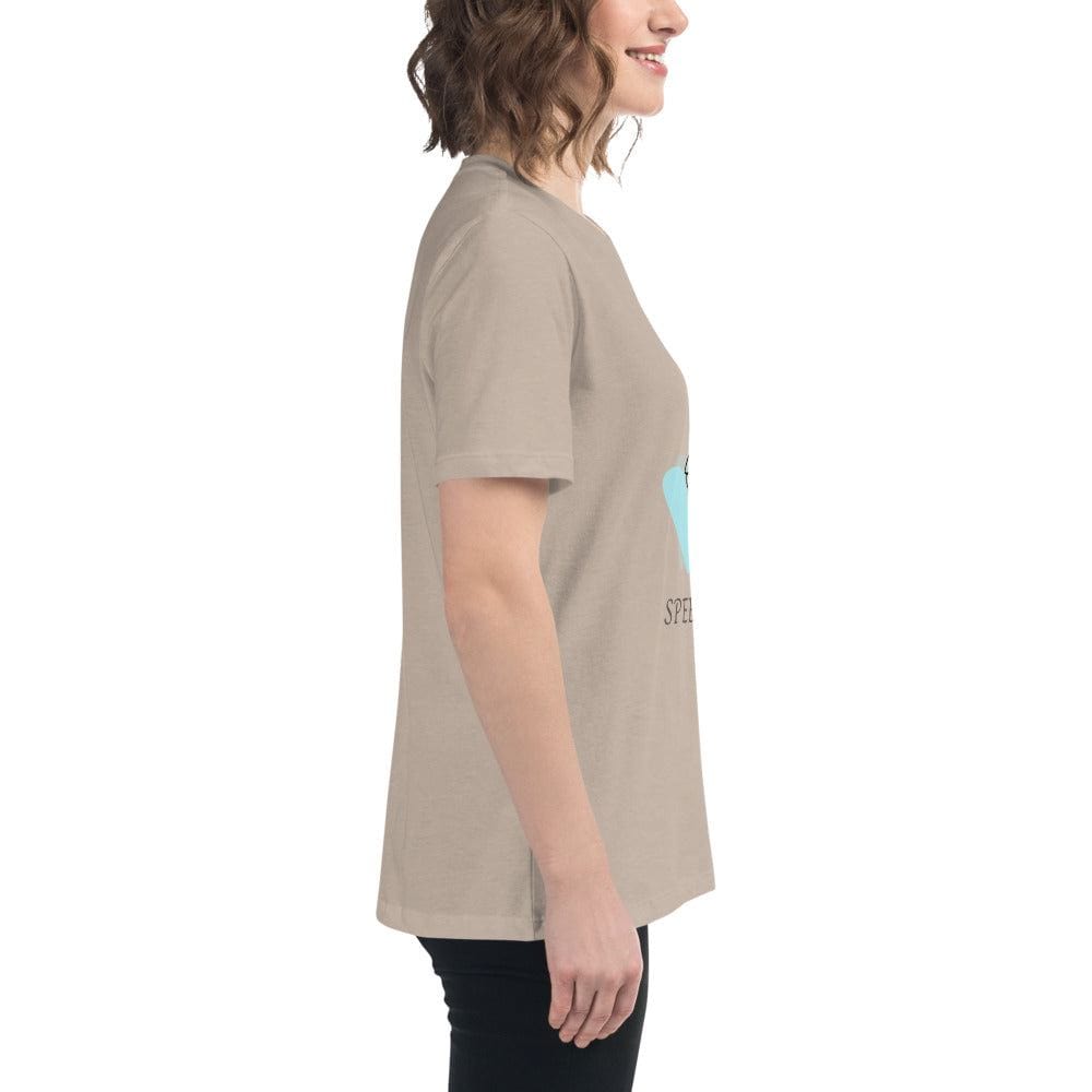 Woman wearing a beige Minimalist Speechless Face Line Art T-Shirt with abstract graphic design, side view