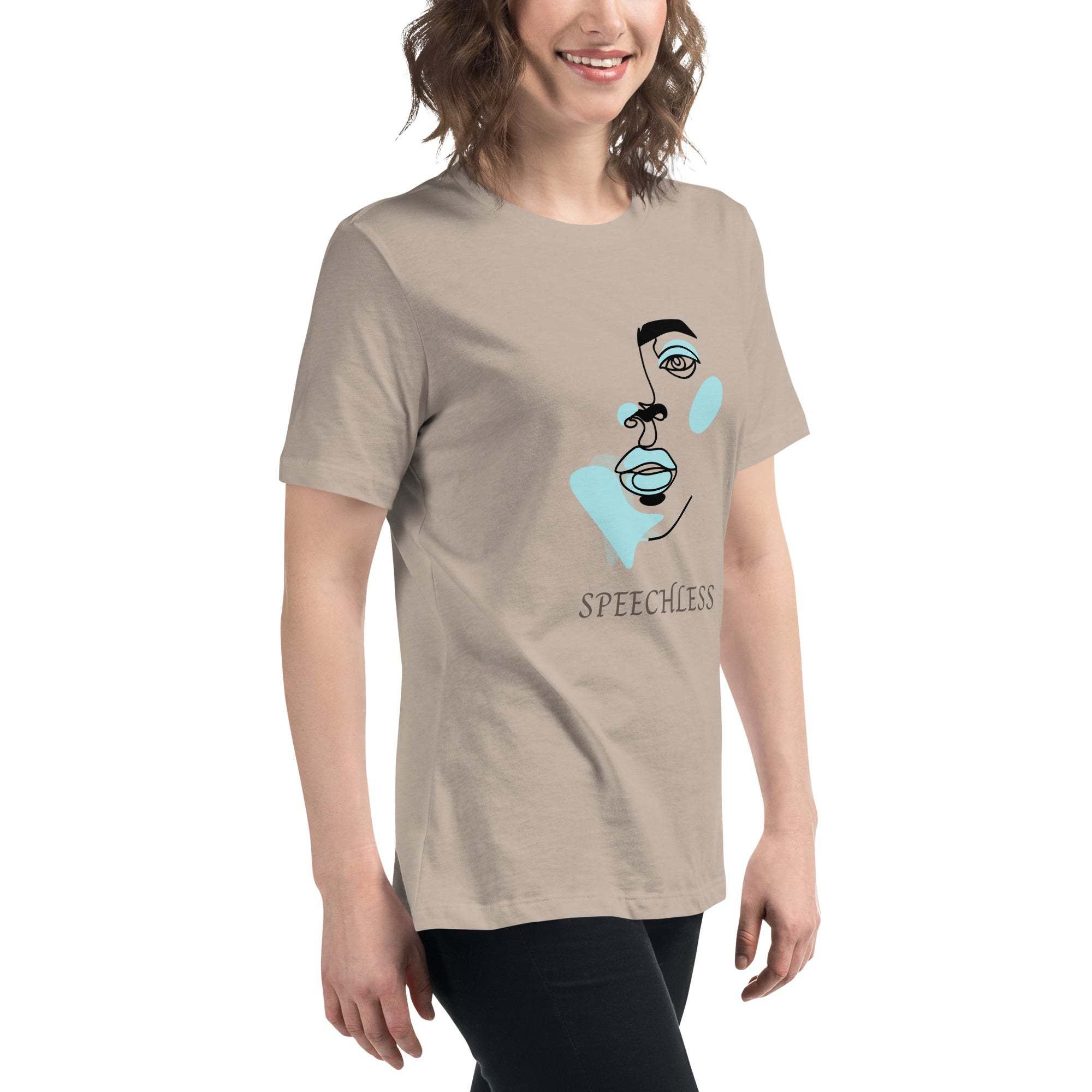 Minimalist speechless face line art graphic on soft cotton beige unisex t-shirt