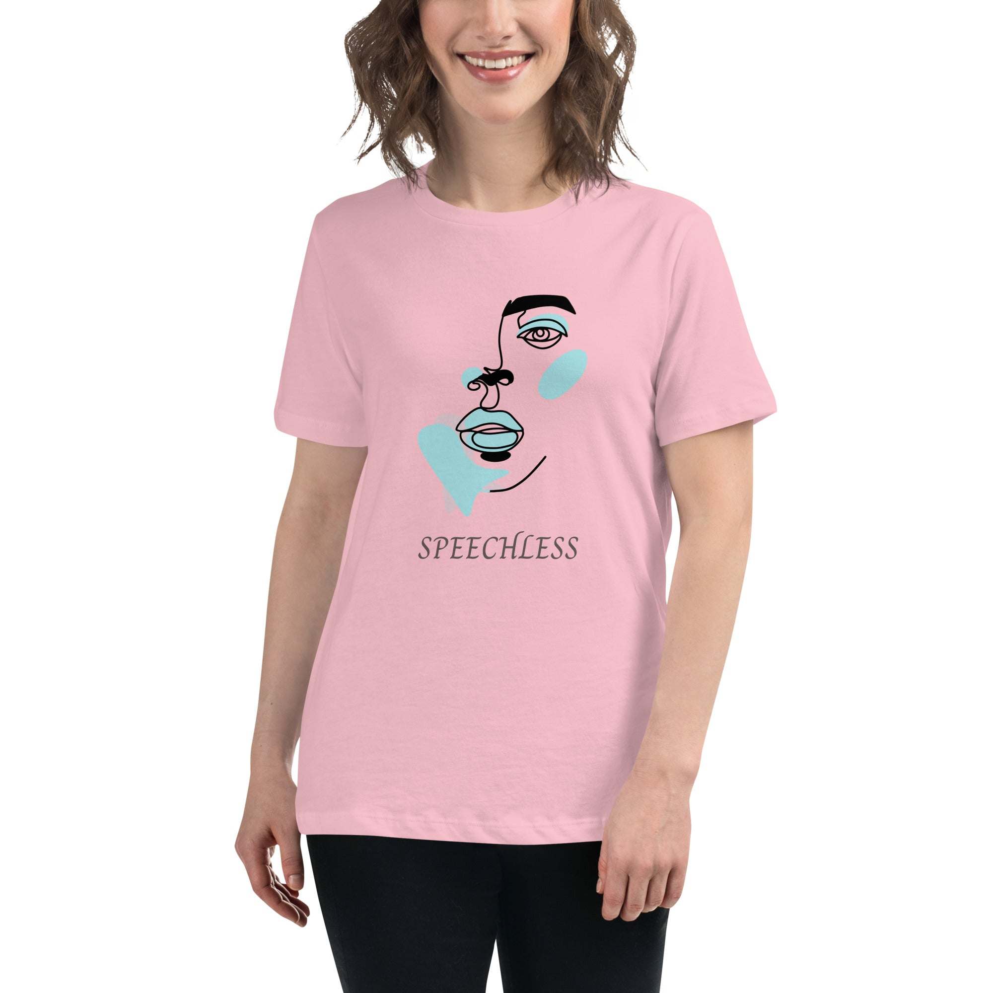 Minimalist speechless face line art graphic on soft pink cotton t-shirt worn by smiling woman