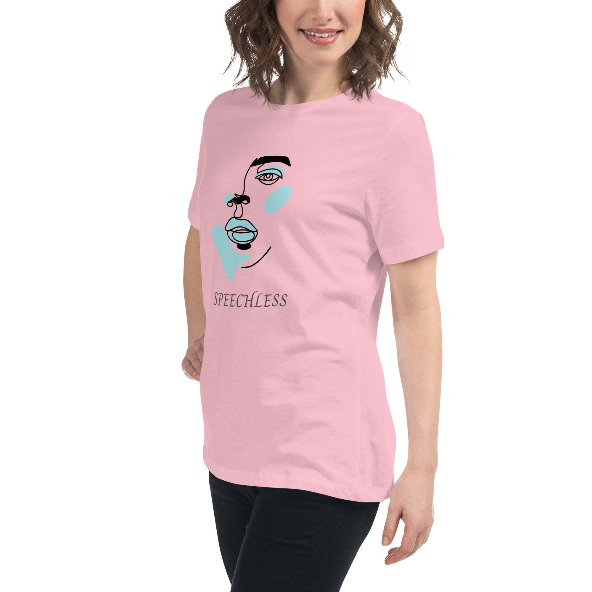 Woman wearing a pink minimalist speechless face line art t-shirt with abstract blue and black design on front