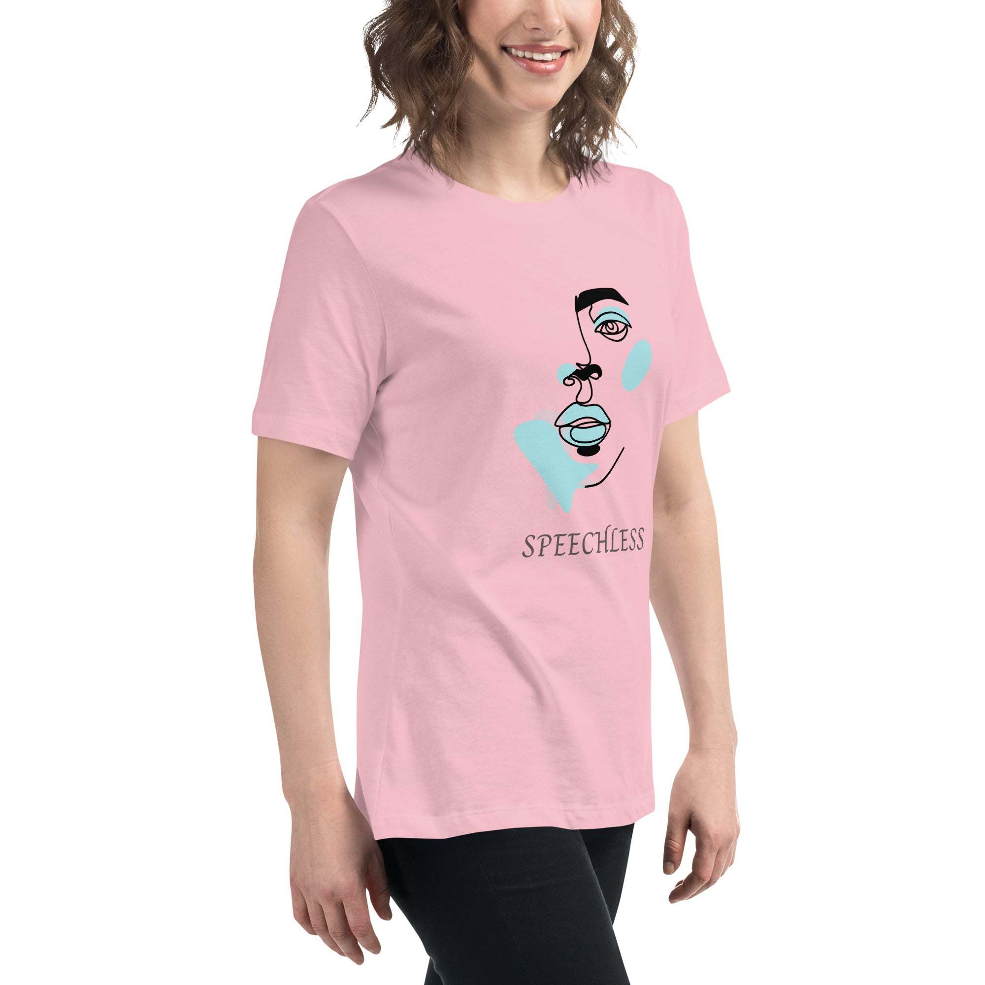 Woman wearing pink minimalist speechless face line art t-shirt with abstract graphic design and soft cotton fabric