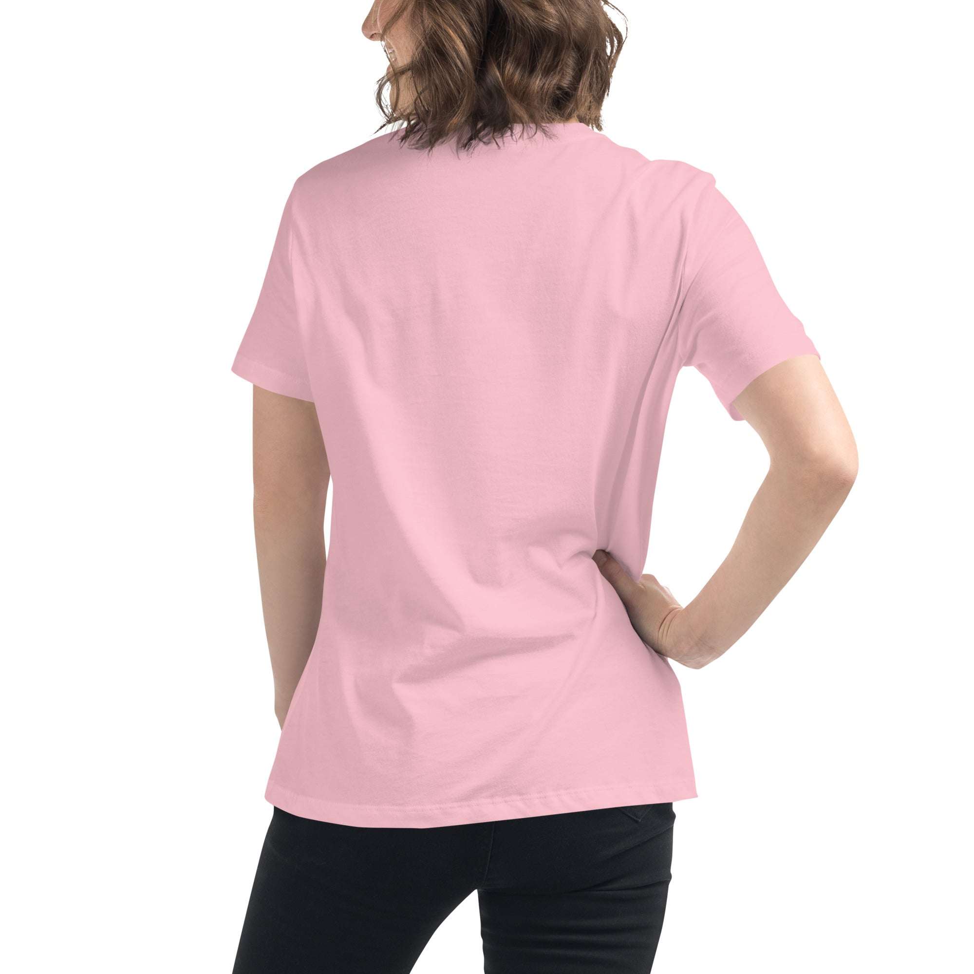 Back view of a person wearing a pink Minimalist Speechless Face Line Art T-Shirt in soft cotton with a relaxed fit