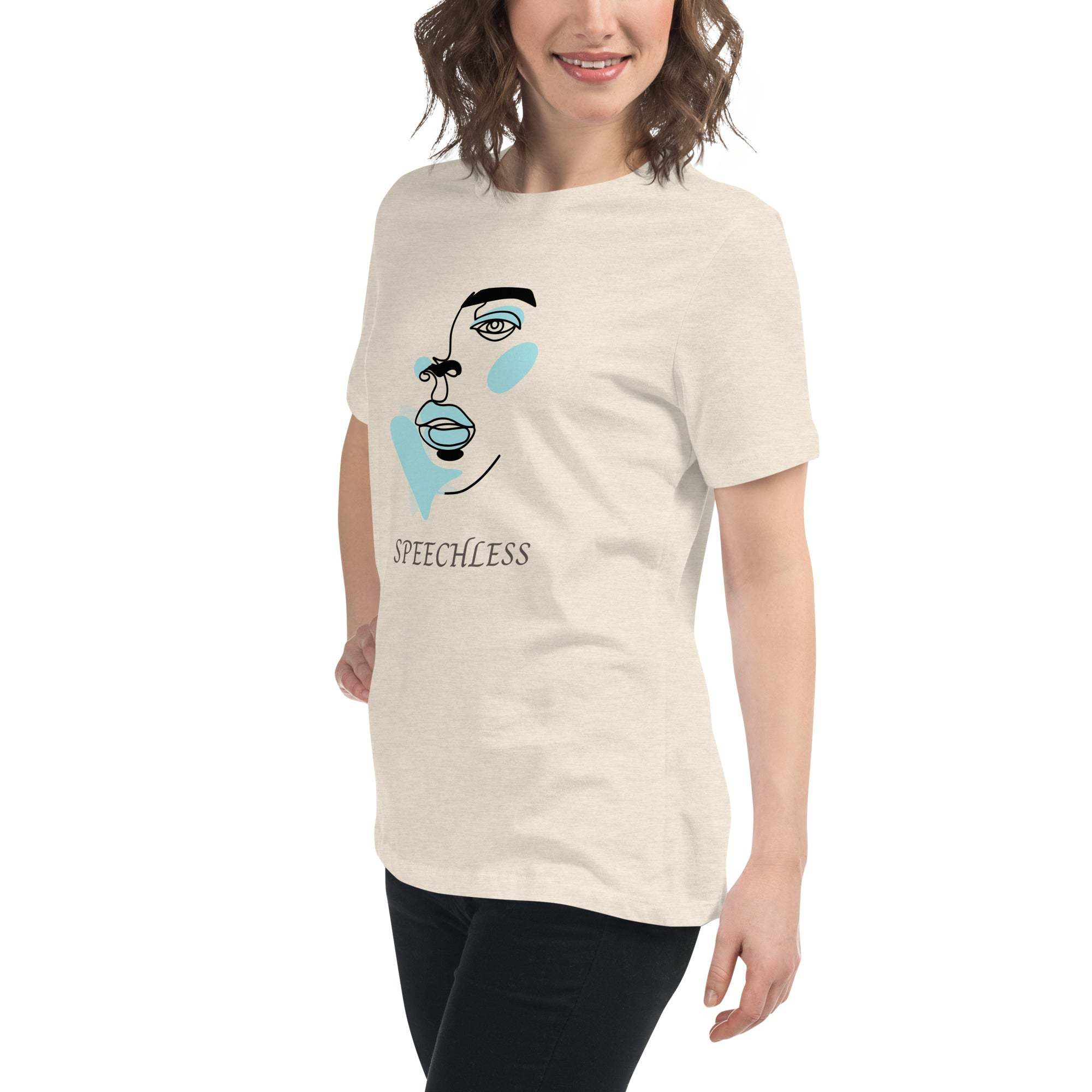 Minimalist speechless face line art graphic on soft cotton unisex t-shirt worn by woman