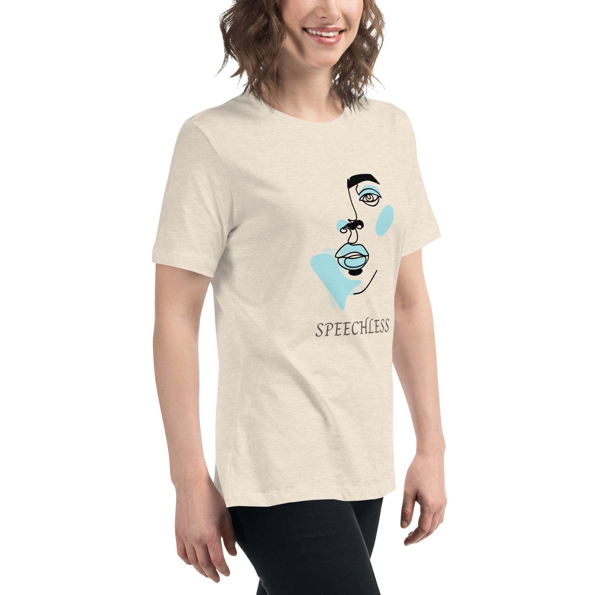 Minimalist Speechless Face Line Art T-shirt with abstract face design on soft cotton fabric worn by smiling woman