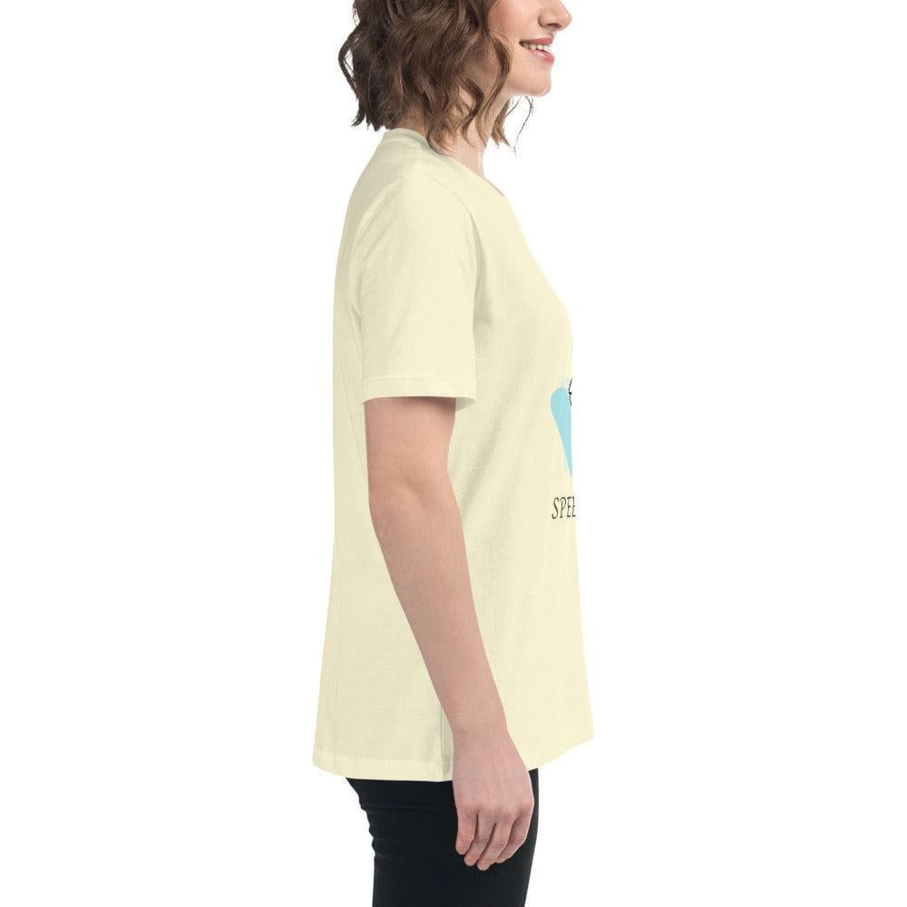 Woman wearing a beige minimalist speechless face line art t-shirt in side view