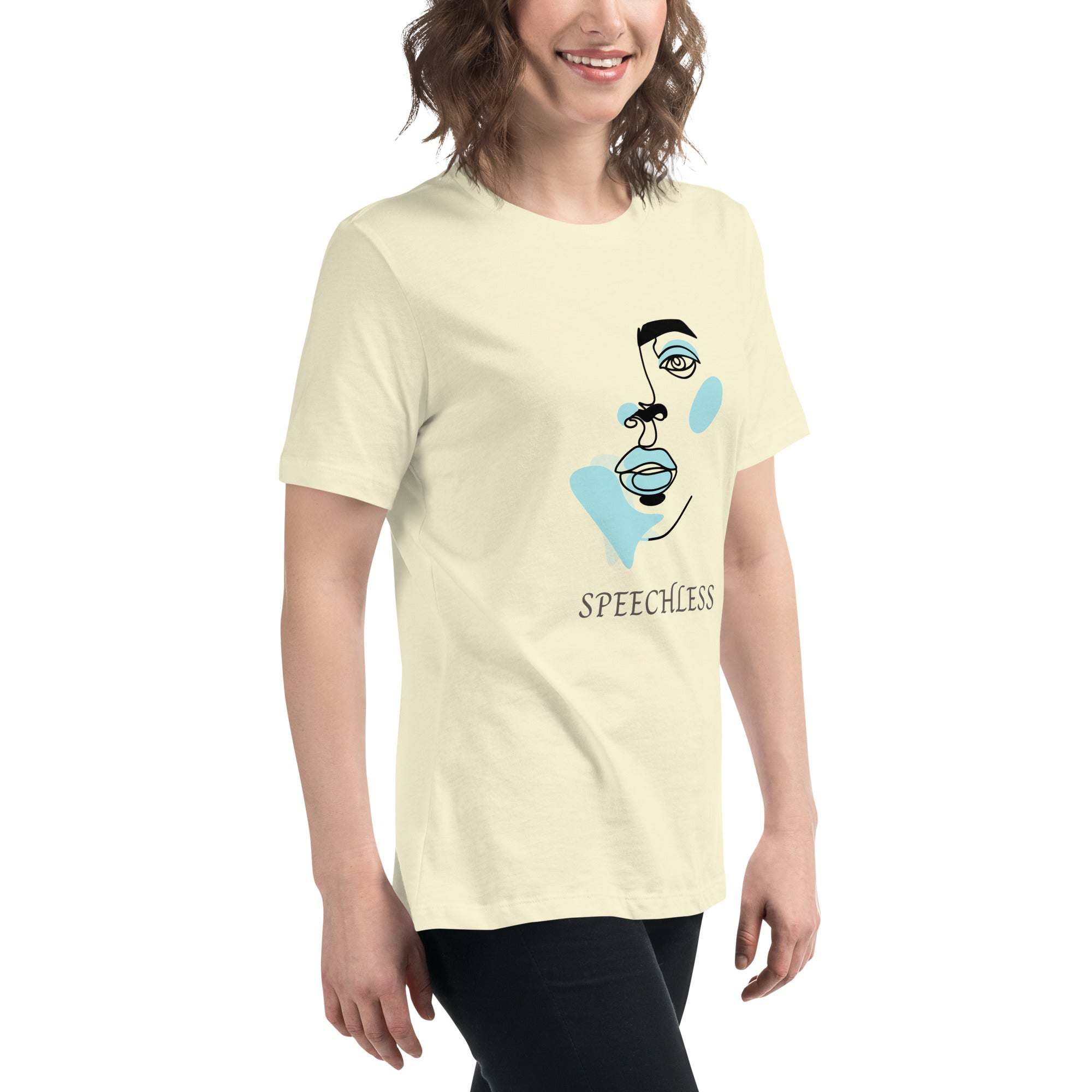 Minimalist speechless face line art graphic on soft cotton unisex t-shirt in cream color