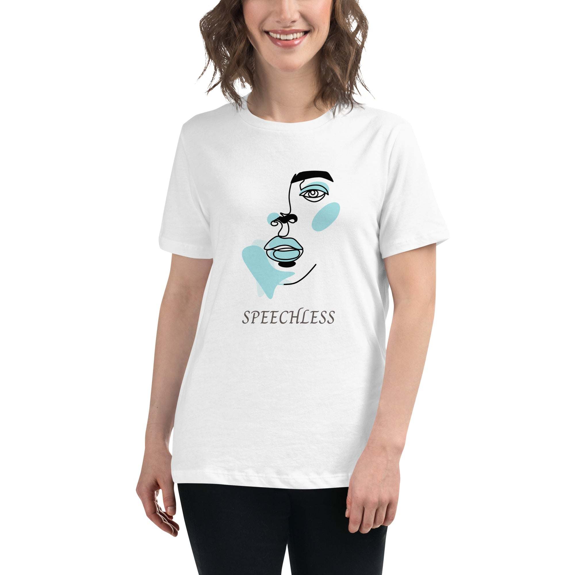 White minimalist speechless face line art graphic t-shirt on a smiling woman