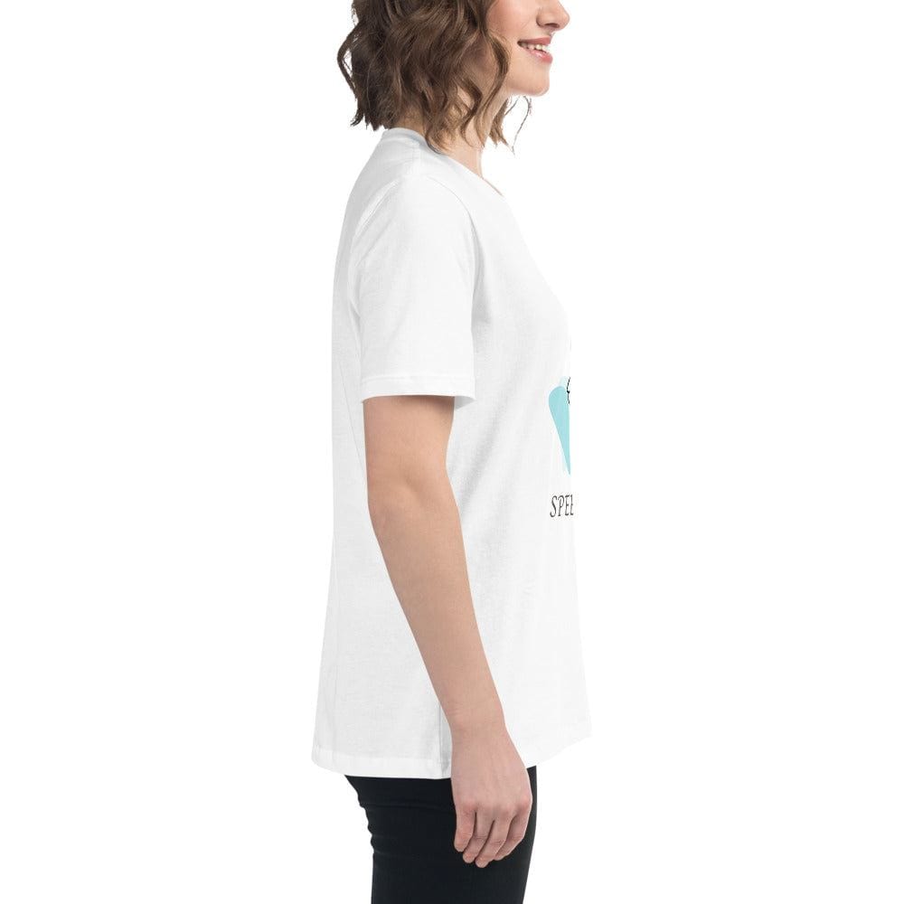 Woman wearing white minimalist speechless face line art t-shirt in side view