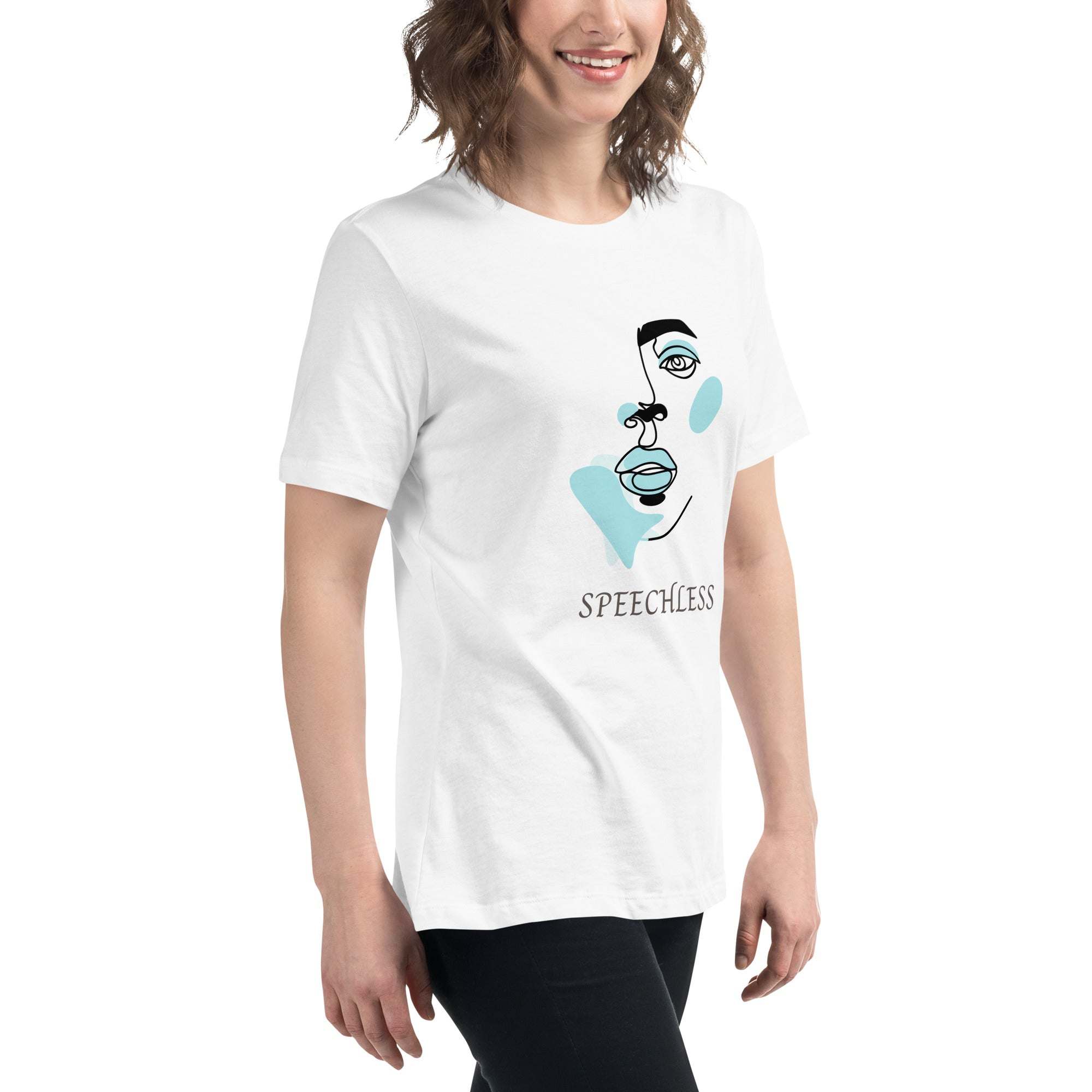 White minimalist speechless face line art unisex cotton t-shirt with abstract modern graphic design