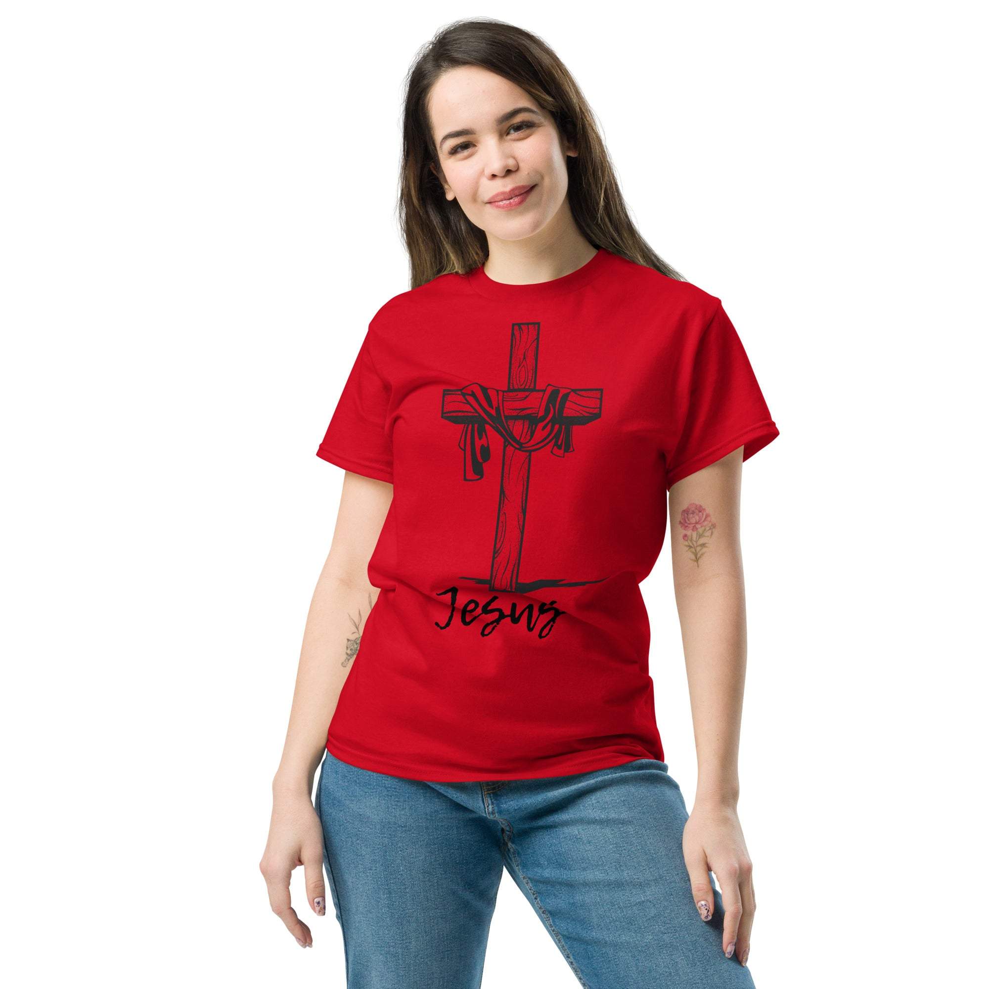 Woman wearing red Christian Cross T-Shirt with Jesus graphic and faith design