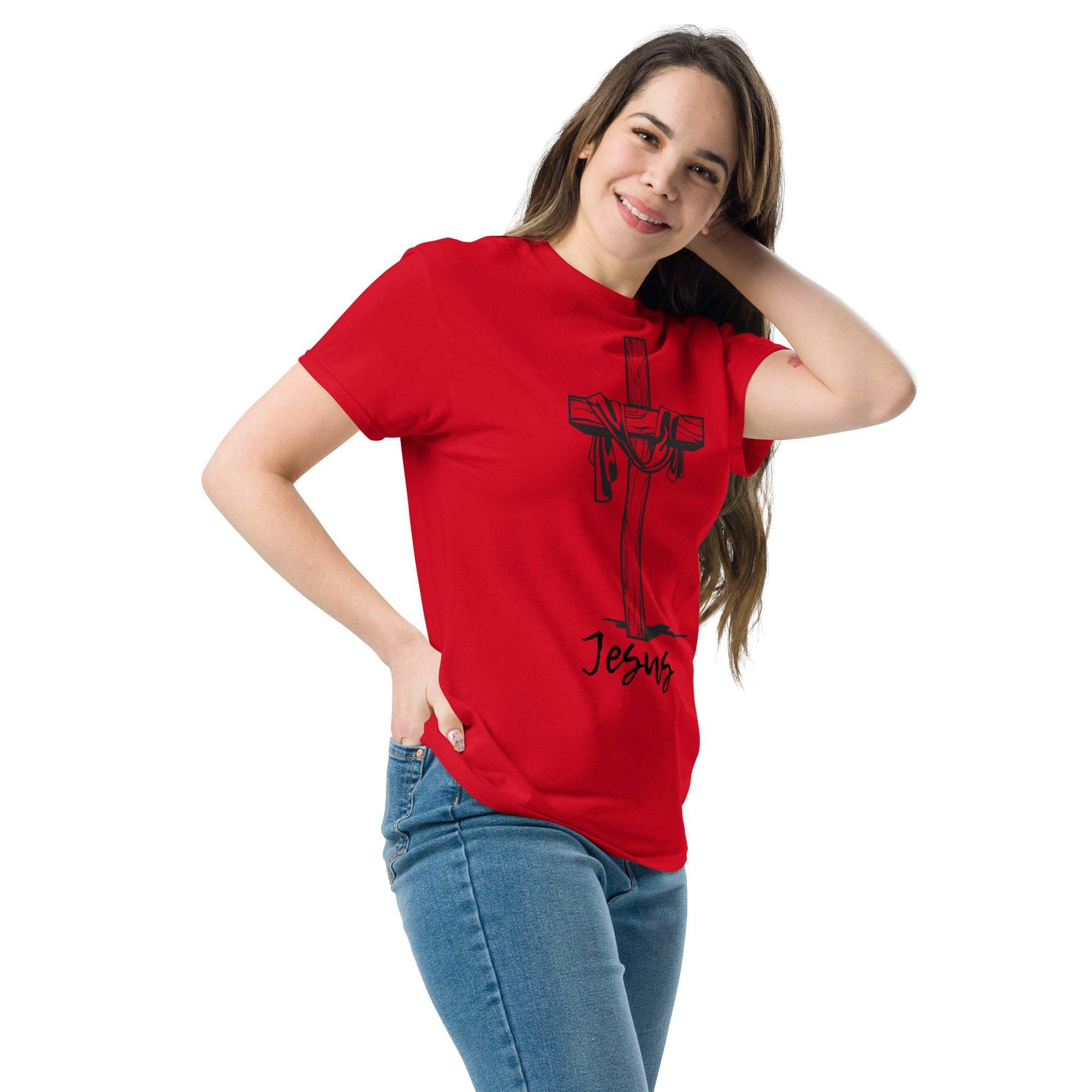 Woman wearing red Christian Cross T-Shirt with Jesus graphic and blue jeans