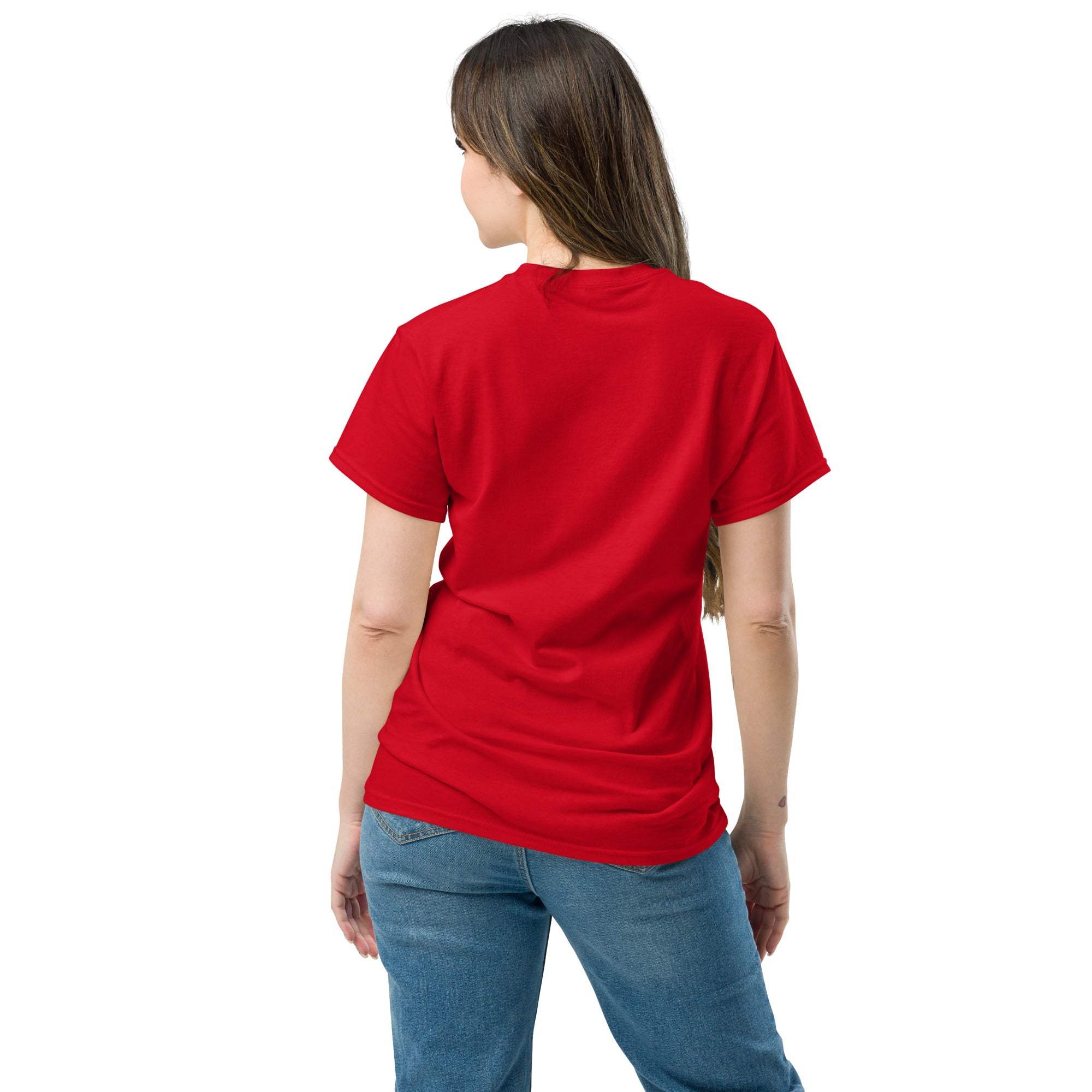 Back view of woman wearing red Christian Cross T-Shirt paired with blue jeans