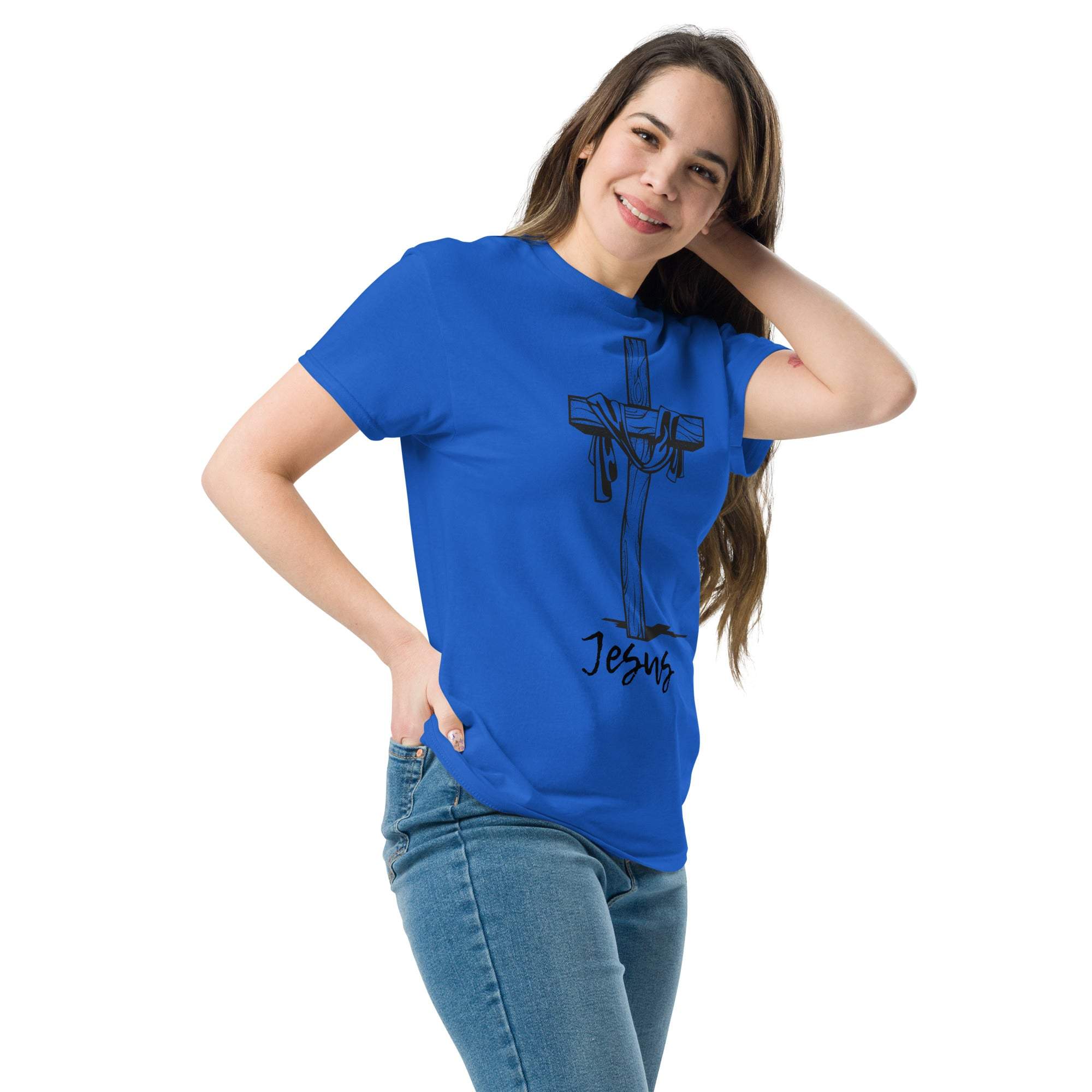 Woman wearing blue Christian Cross T-Shirt with Jesus graphic and faith design