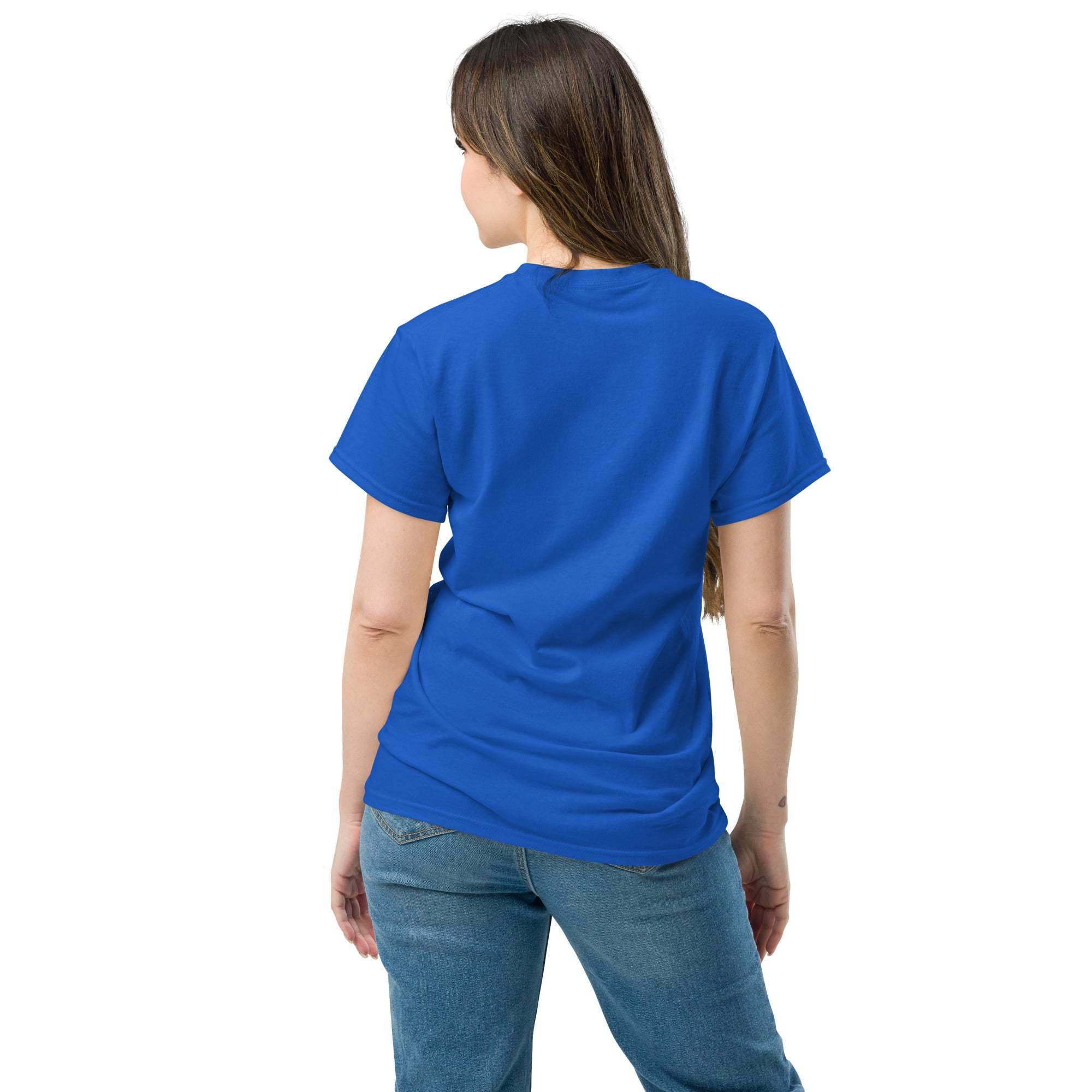 Woman wearing a blue Christian Cross T-Shirt showing the back view, paired with jeans, casual faith apparel