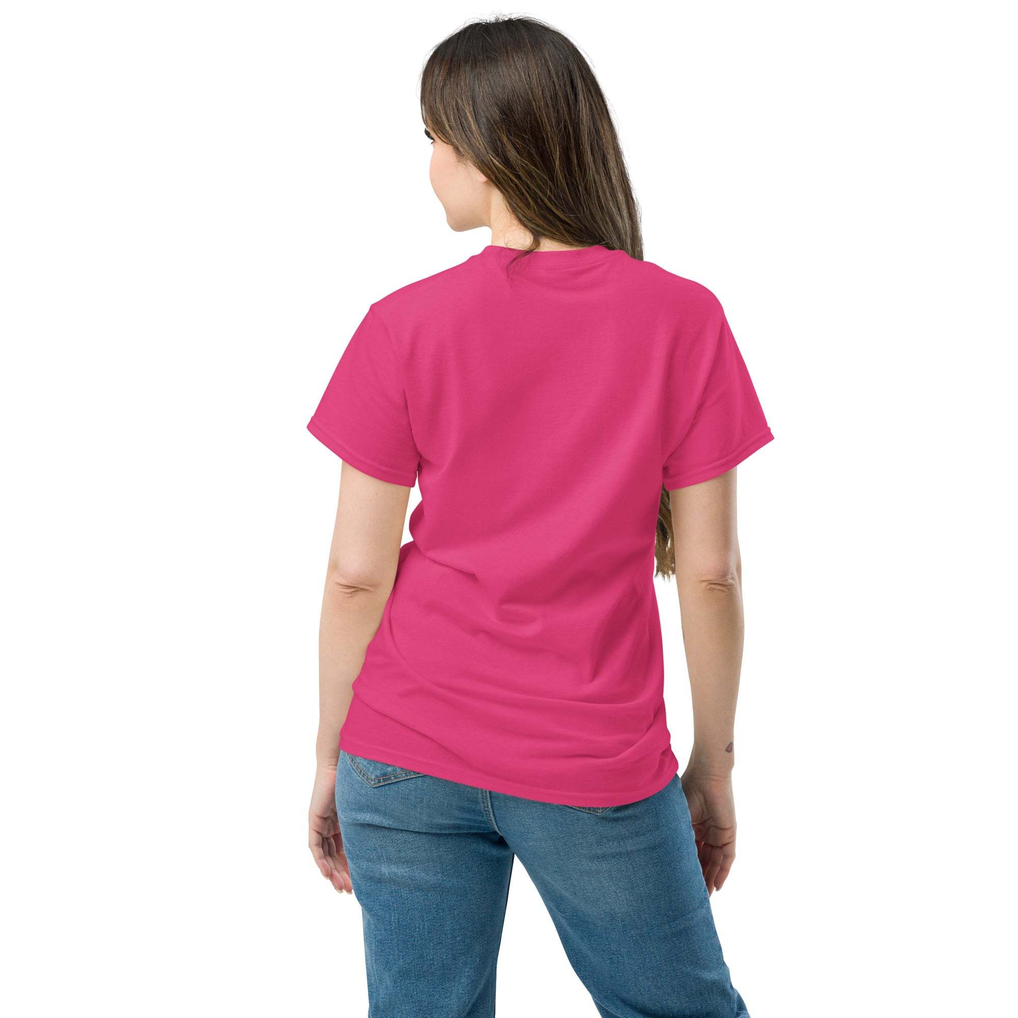 Woman wearing pink Christian Cross T-Shirt from the back with blue jeans