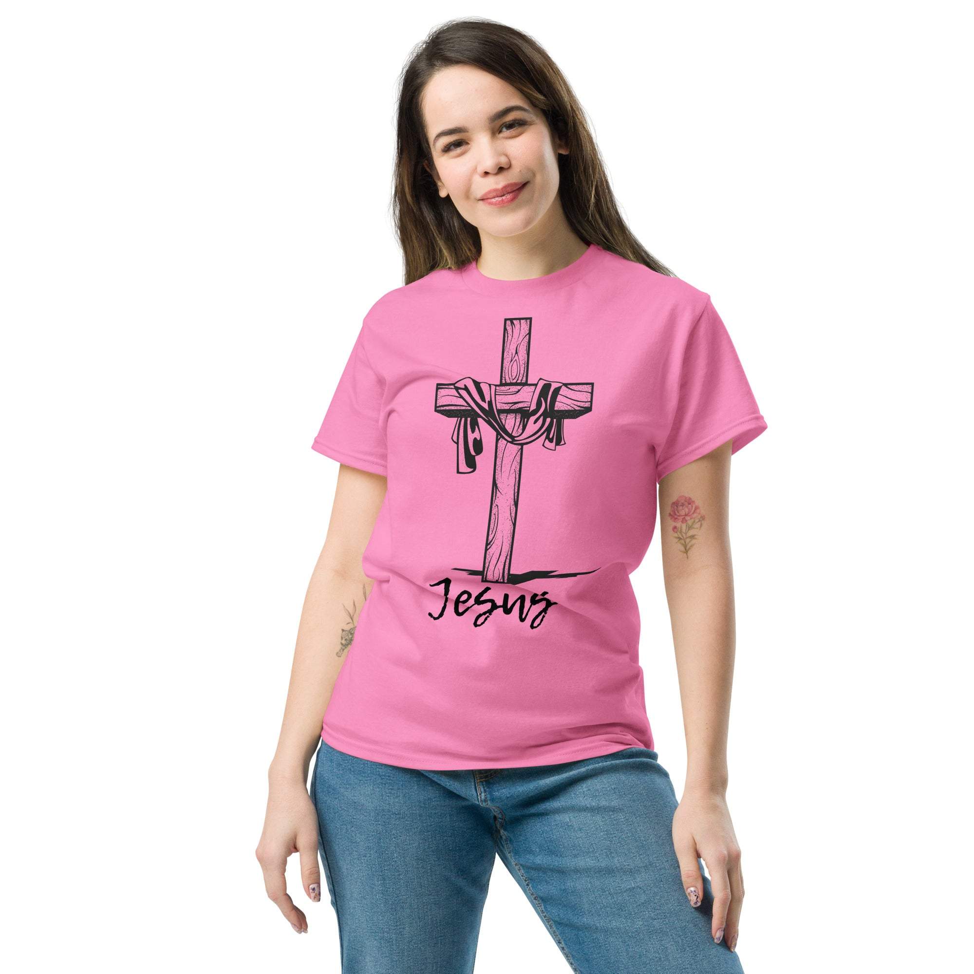 Woman wearing pink Christian Cross T-Shirt with Jesus graphic and Bible verse design