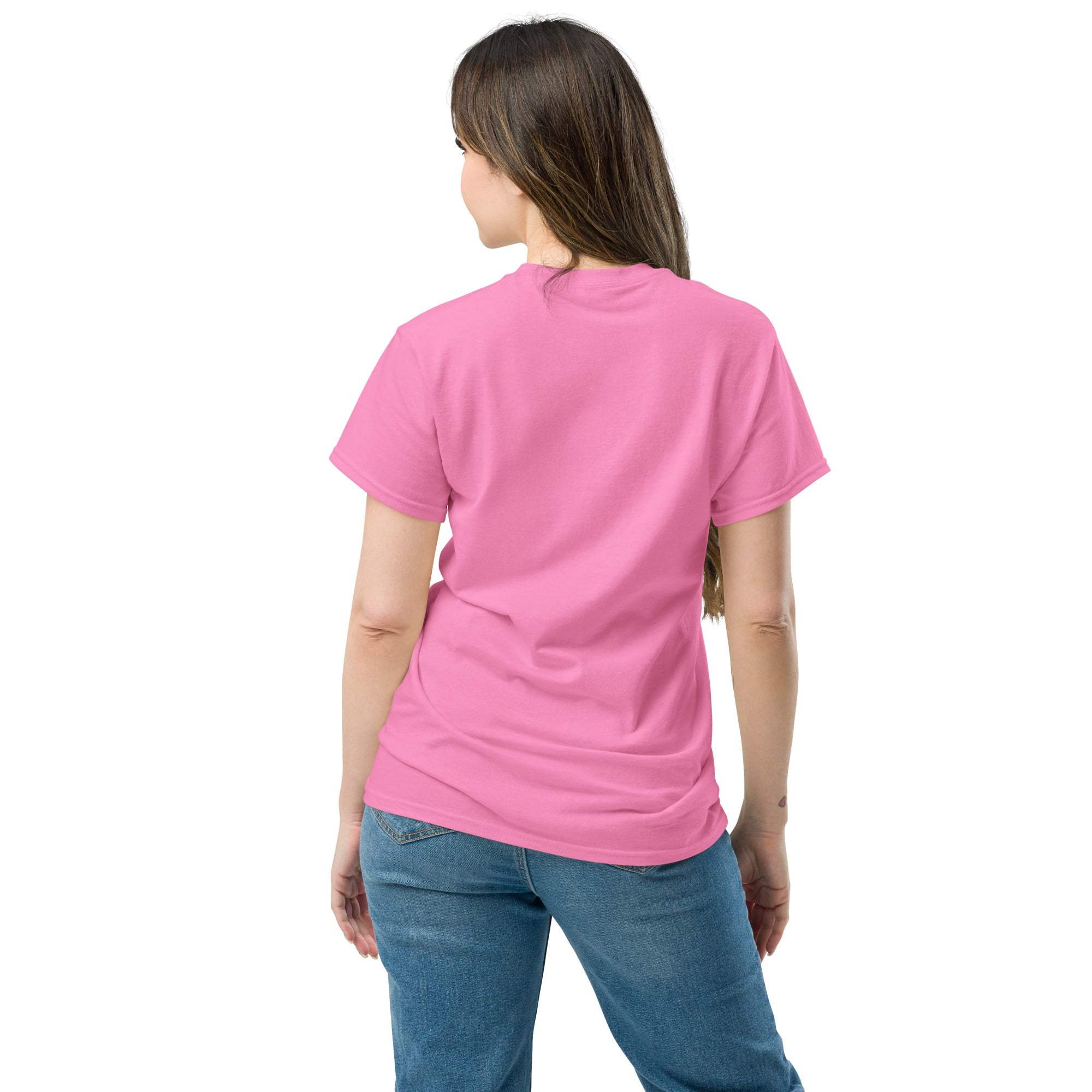 Woman wearing pink Christian Cross T-Shirt showing back view with short sleeves and casual fit