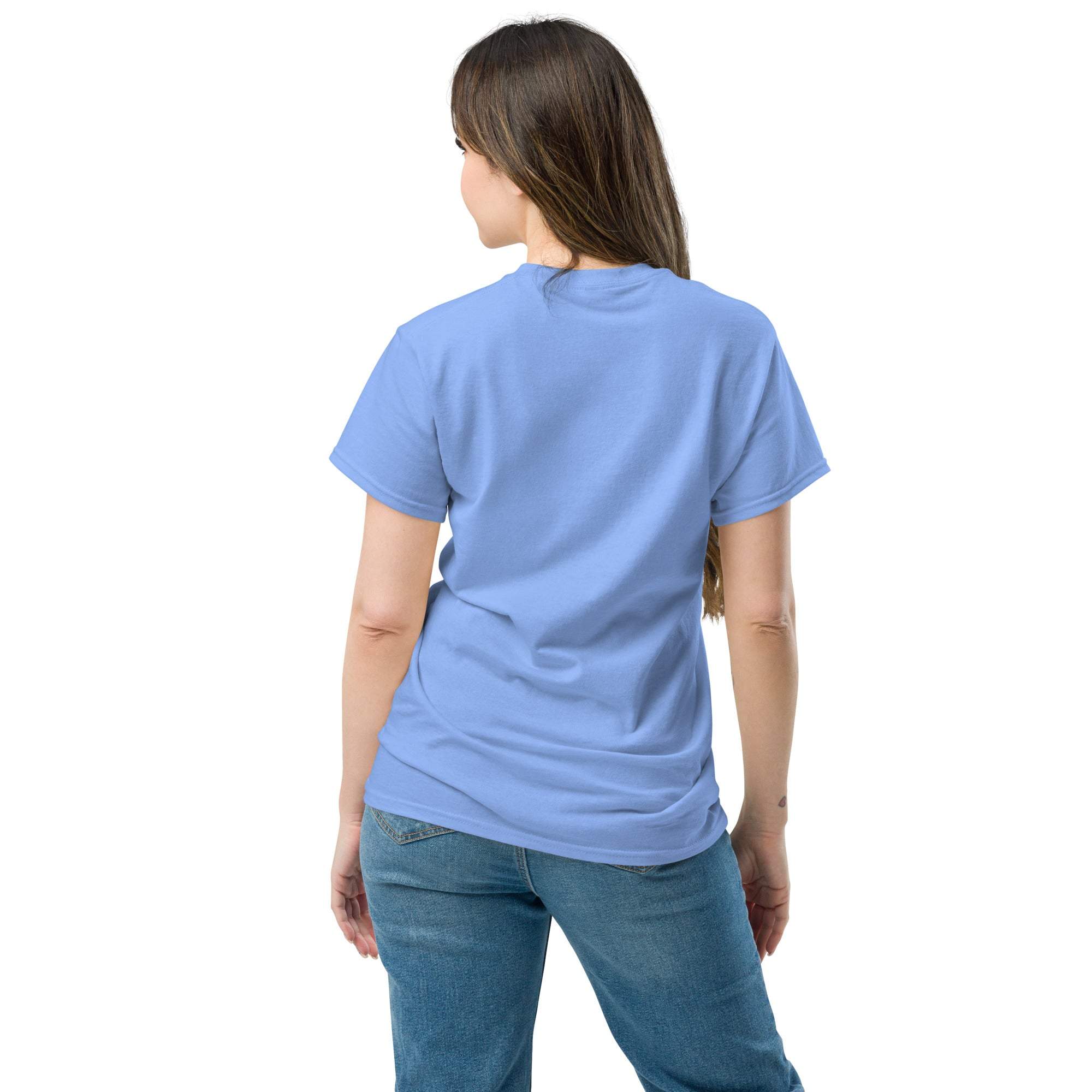Woman wearing light blue Christian Cross T-Shirt shown from back with jeans