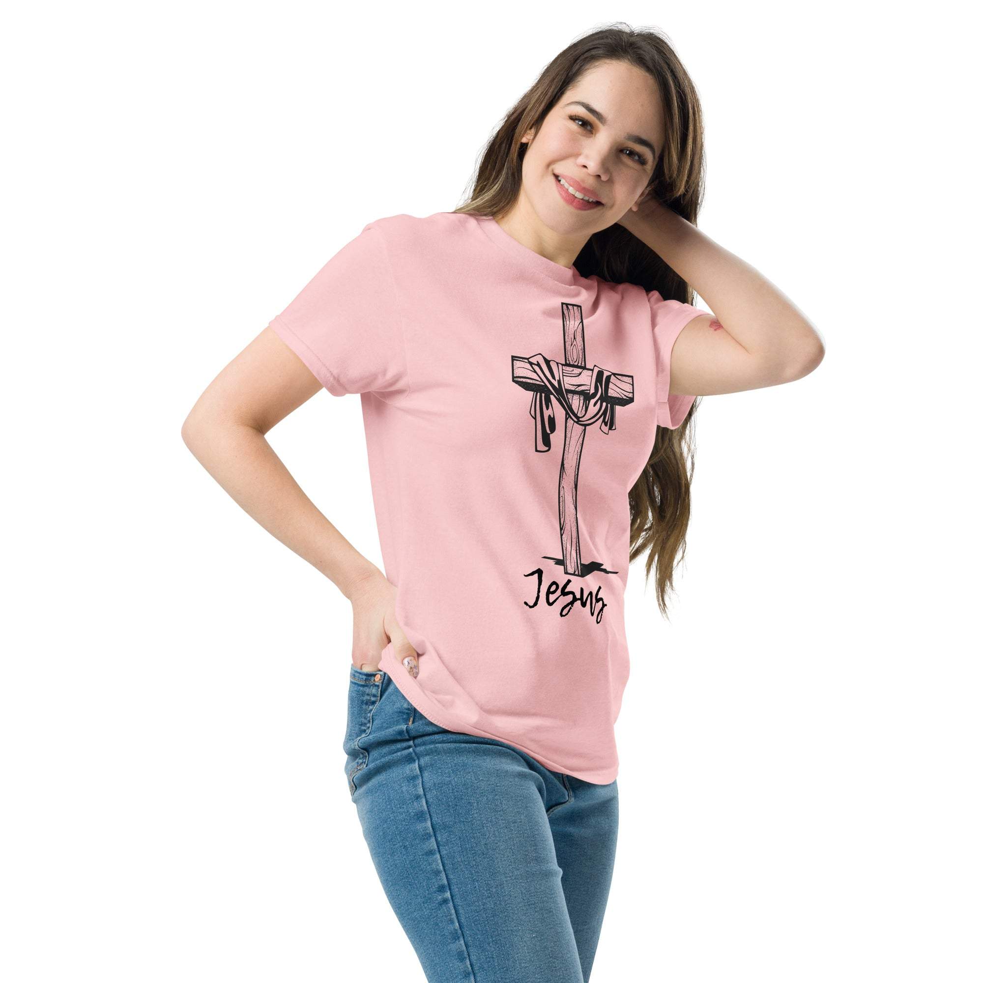 Woman wearing pink Christian Cross T-Shirt with Jesus graphic and Bible verse design