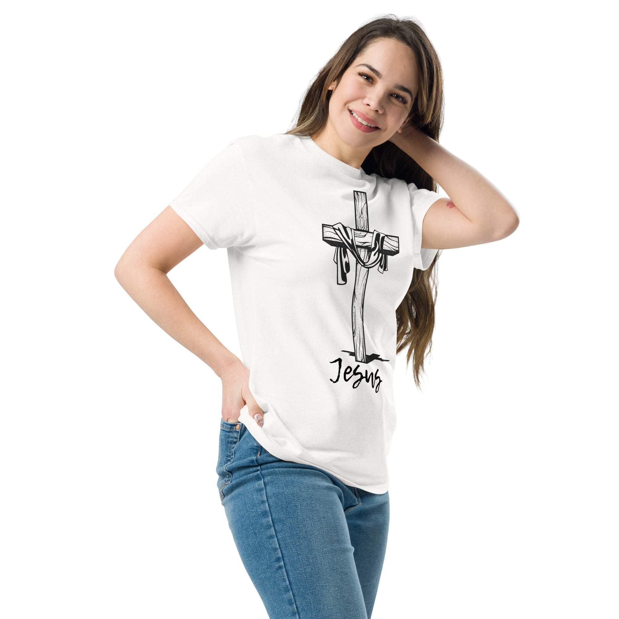 Woman wearing white Christian Cross T-Shirt with Jesus graphic and Bible verse design
