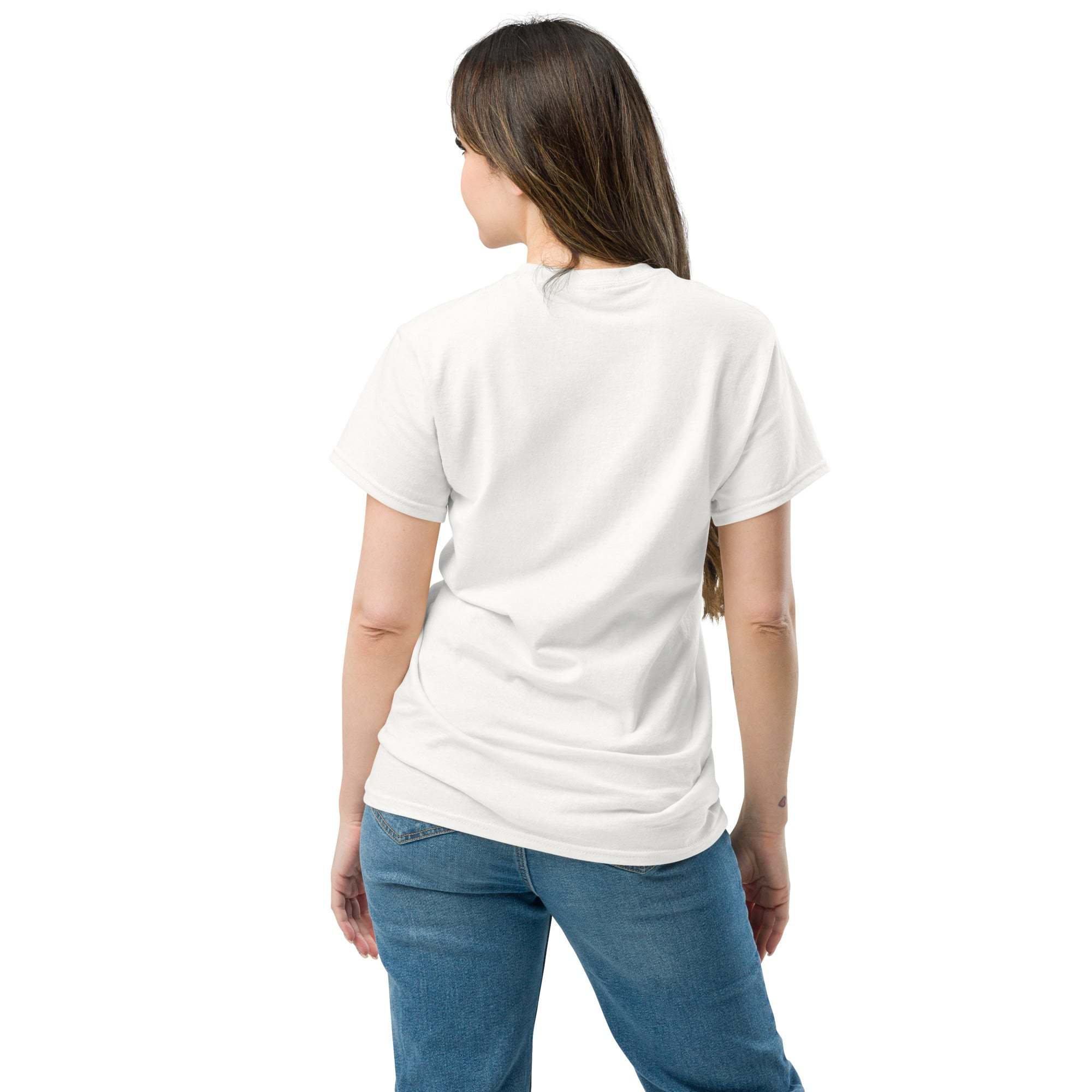 Woman wearing plain white Christian Cross T-Shirt from the back with jeans