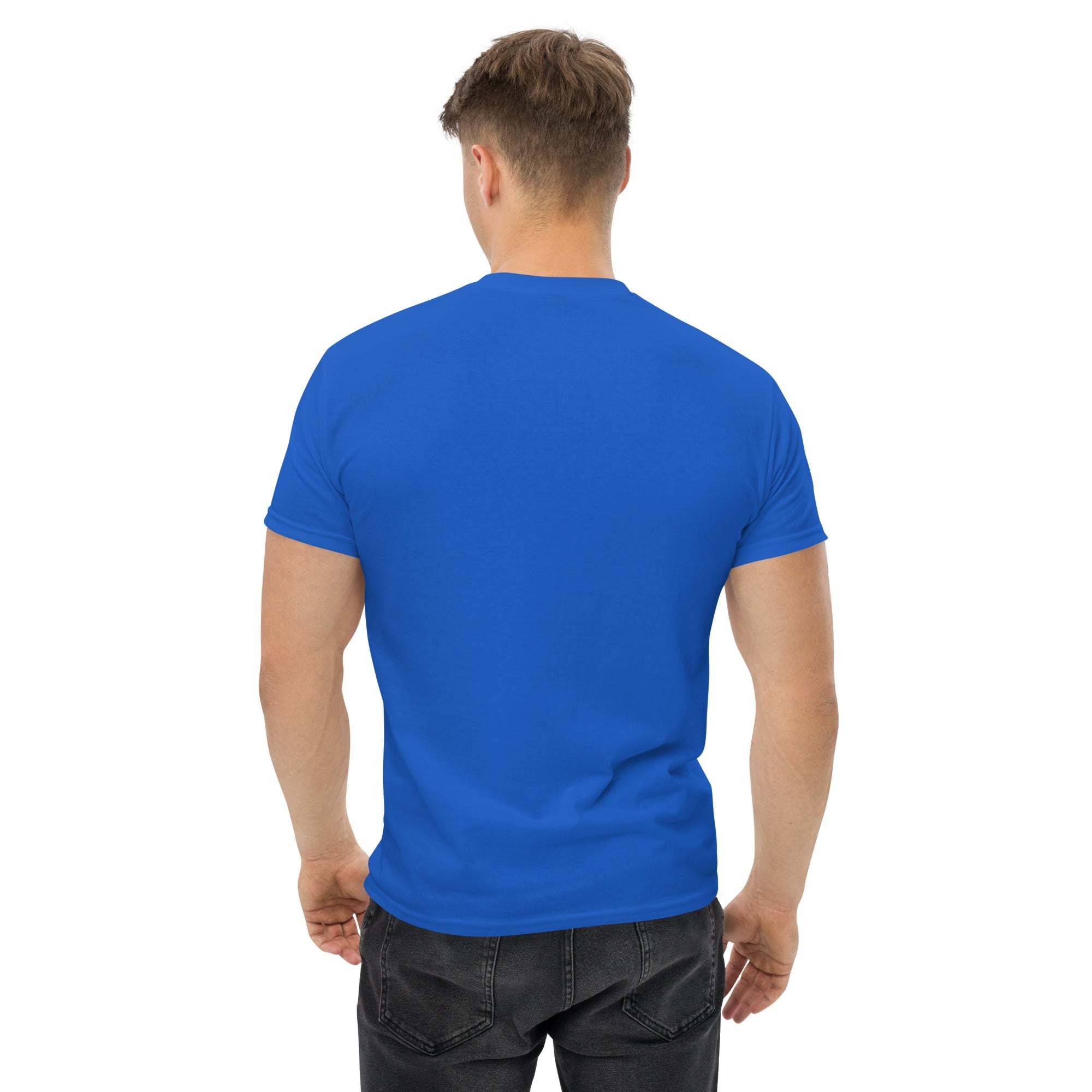 Back view of man wearing blue trendy graphic t-shirt with short sleeves and casual fit