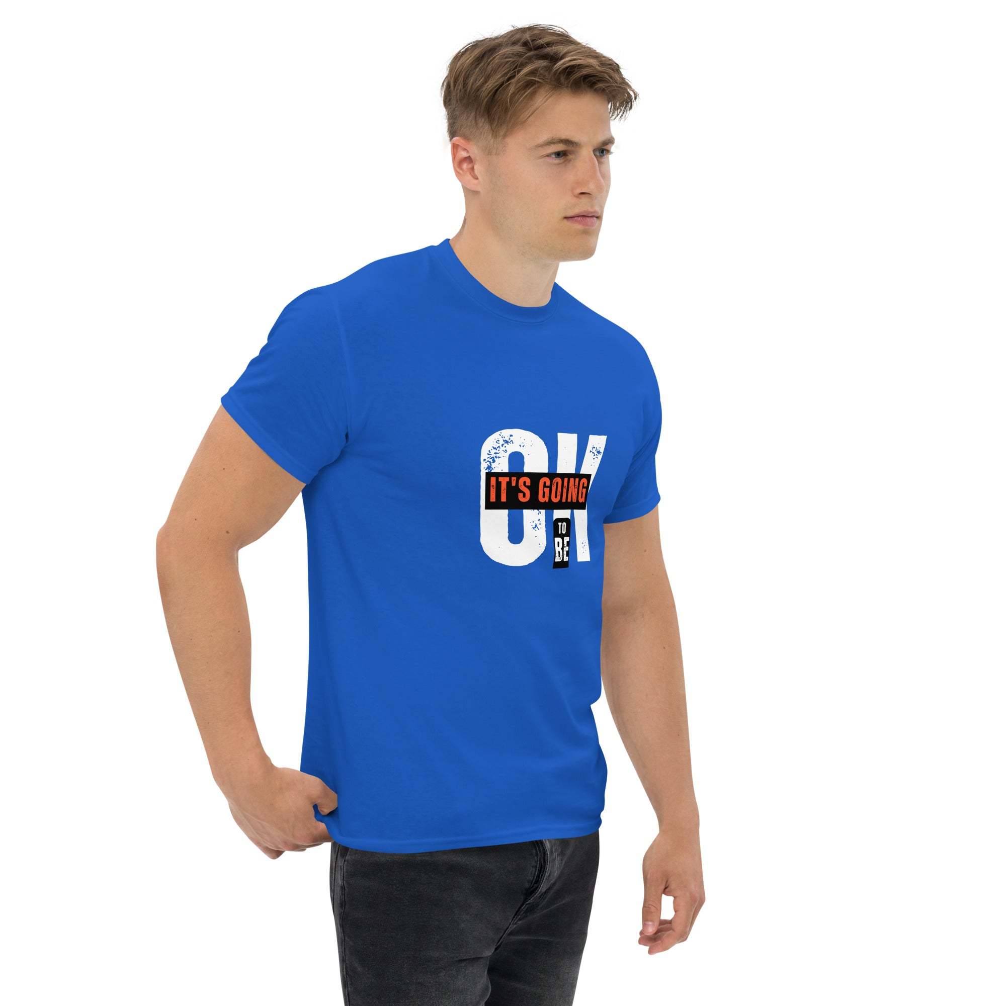 Blue trendy graphic t-shirt with motivational quote worn by male model, casual summer streetwear style