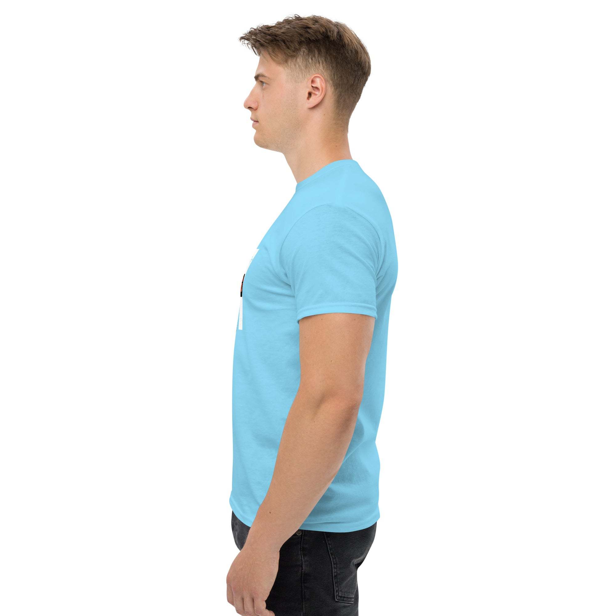 Man wearing light blue trendy graphic t-shirt with motivational quote side view