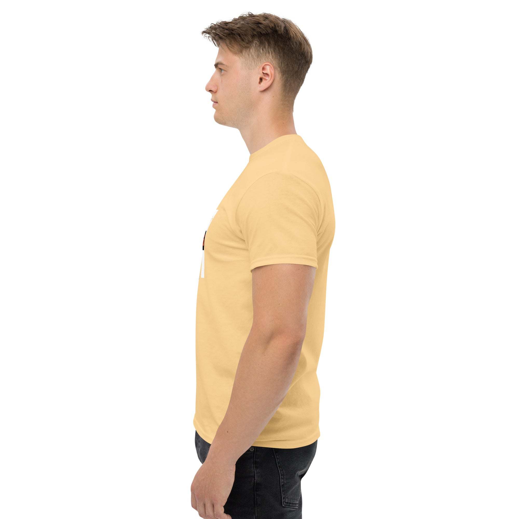Side view of man wearing a beige Trendy Graphic T-Shirt with motivational quote print