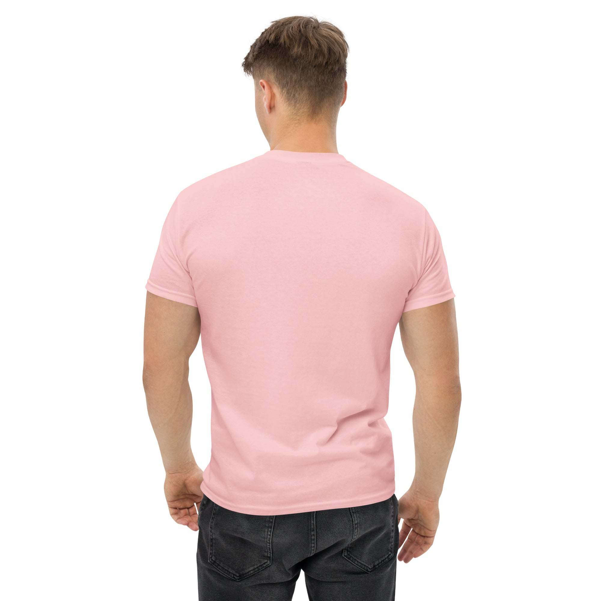 Back view of man wearing light pink trendy graphic t-shirt in casual style