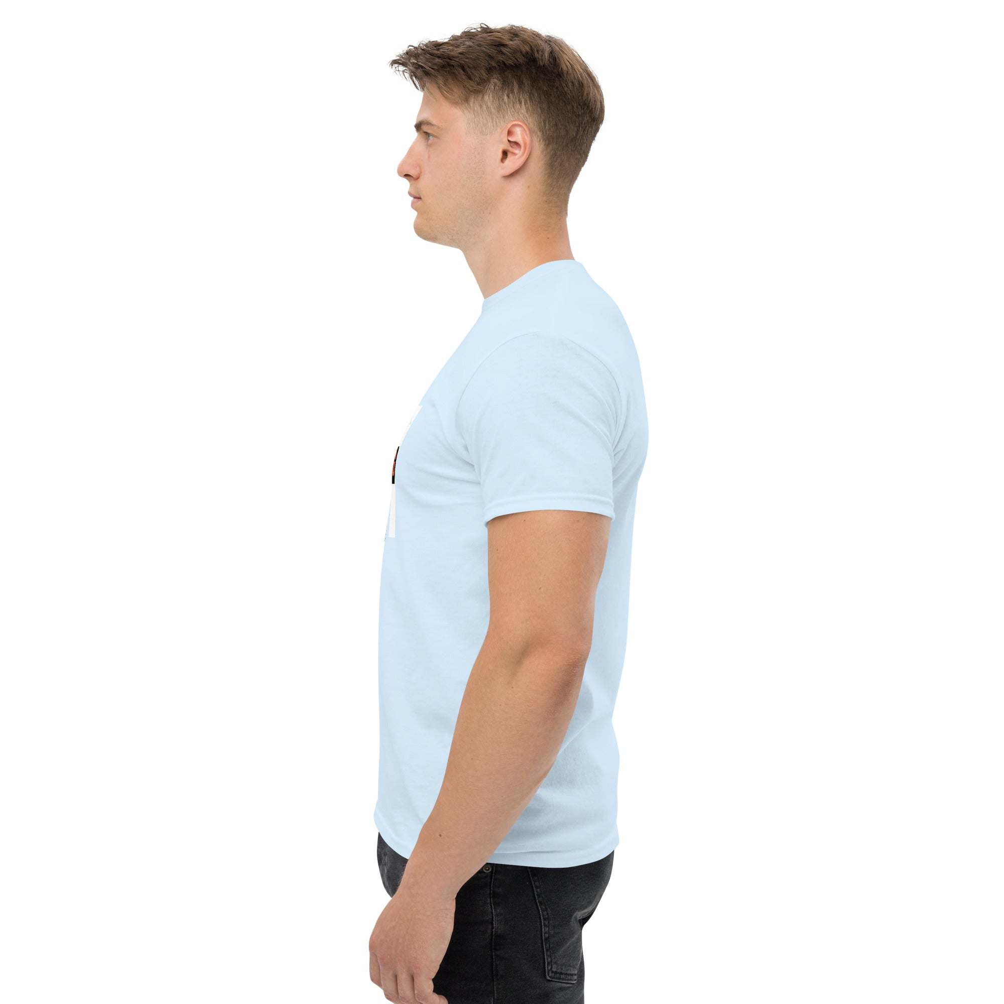 Man wearing light blue trendy graphic t-shirt with motivational quote print side view